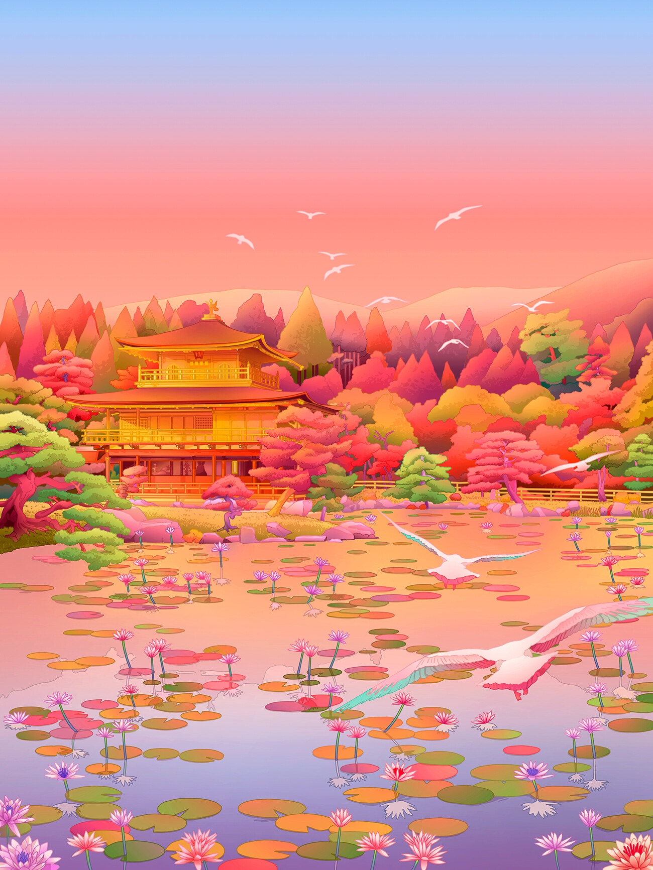 Golden Temple by a Pond with Water Lilies and Birds HD Phone Wallpaper