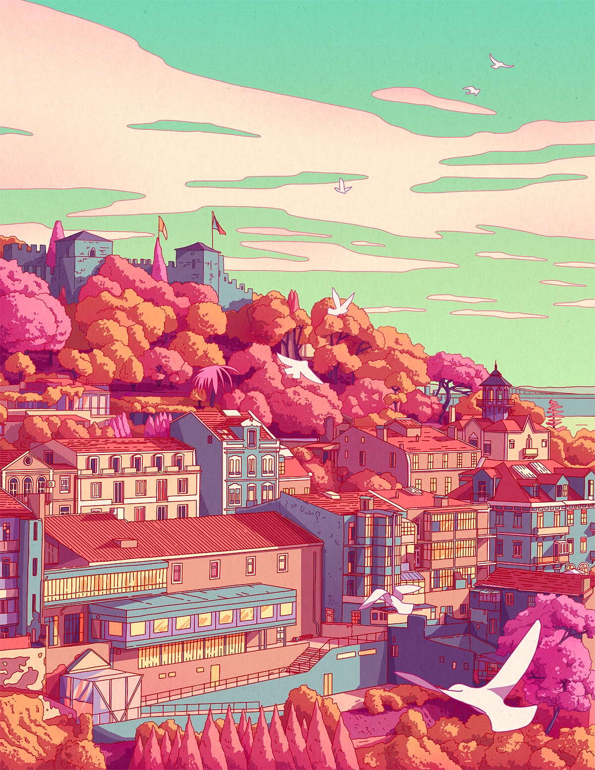 Camila Nogueira's colorful city with birds HD Phone Wallpaper