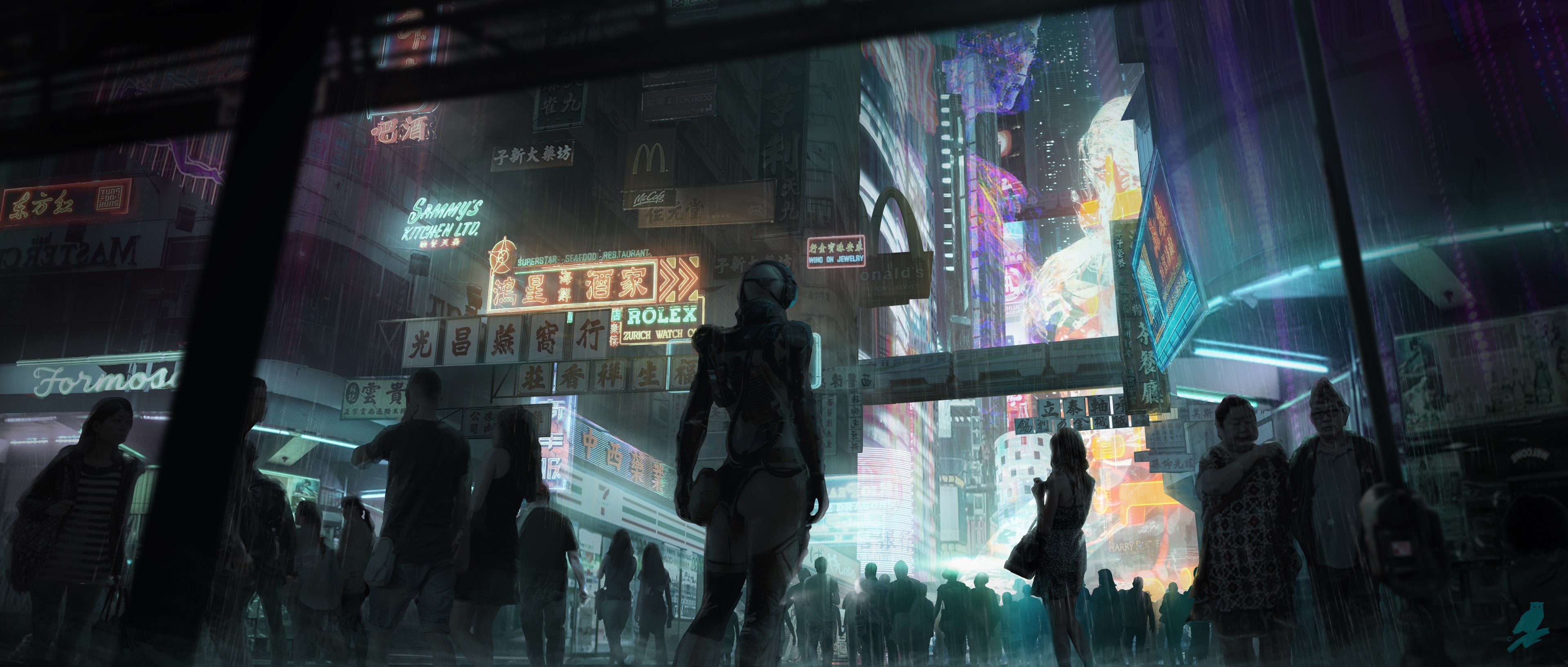 Cyberpunk city street with neon signs and people HD Wallpaper