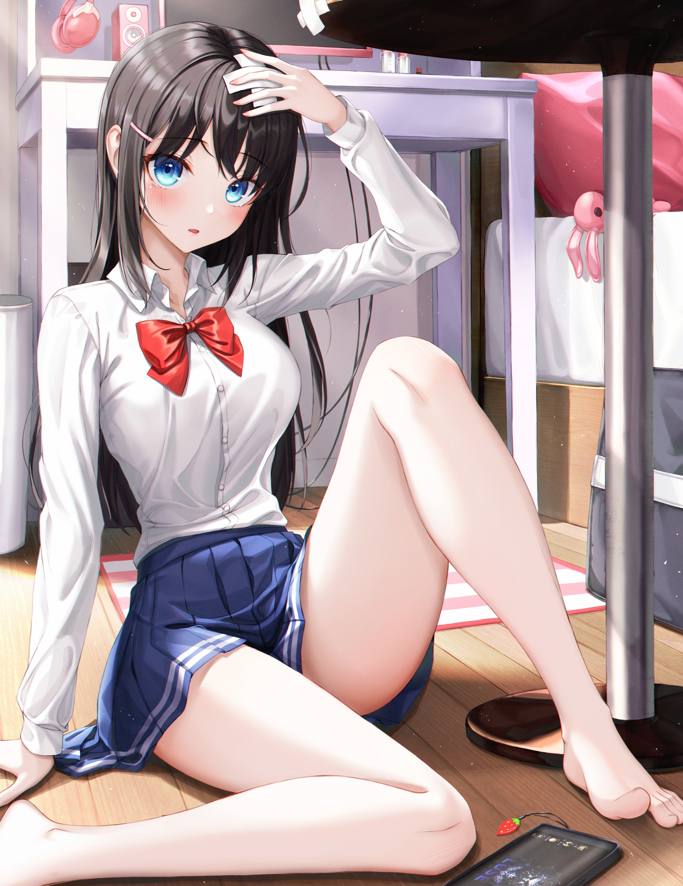 Anime girl in school uniform sitting on floor HD Phone Wallpaper