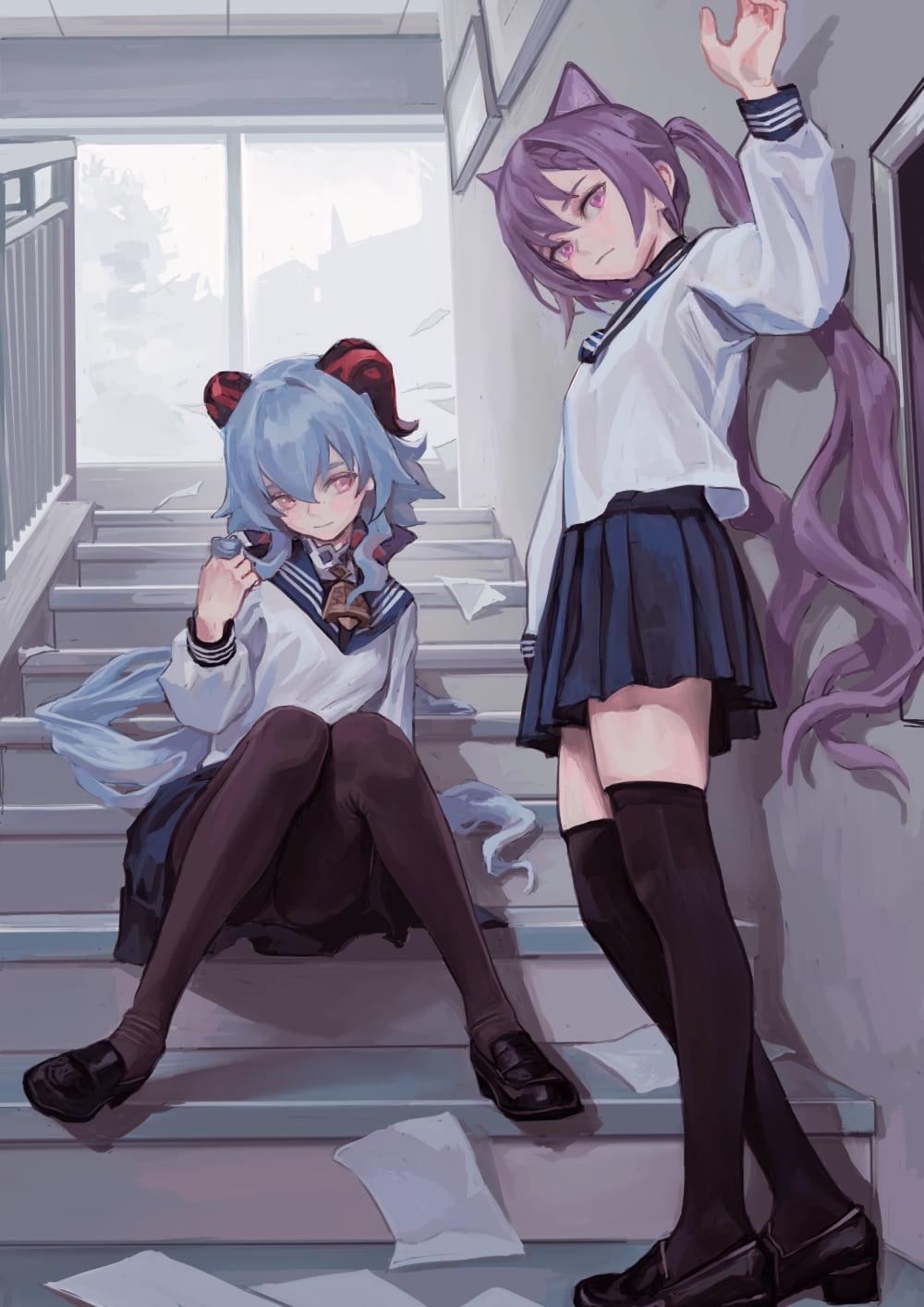 Genshin Impact Ganyu and Keqing in school uniforms HD Phone Wallpaper