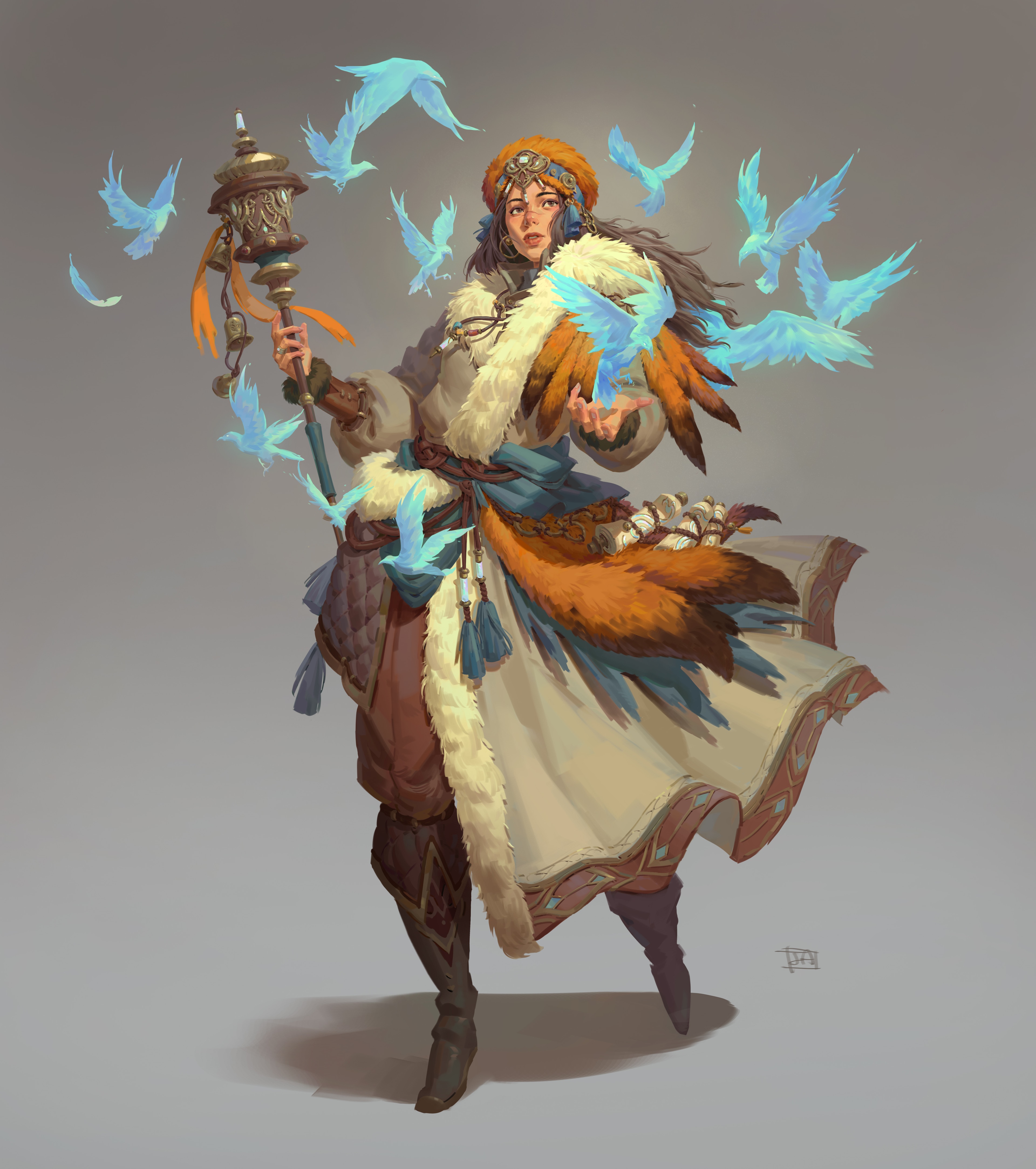 Woman with birds and staff HD Phone Wallpaper