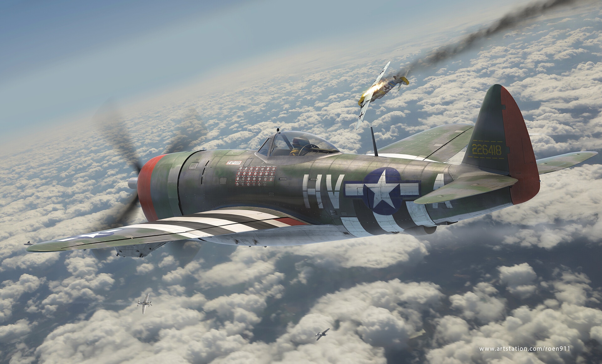 P-47 Thunderbolt in aerial combat HD Wallpaper