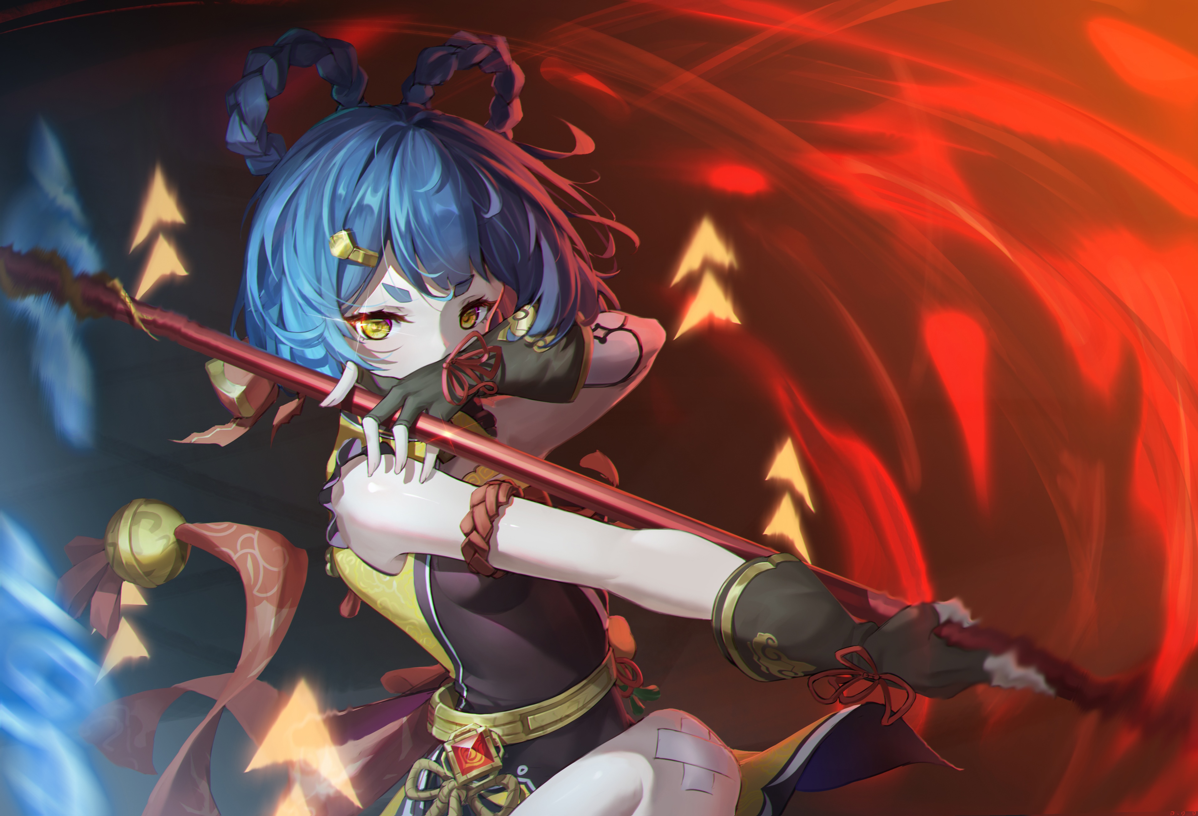 Xiangling from Genshin Impact with a polearm HD Wallpaper
