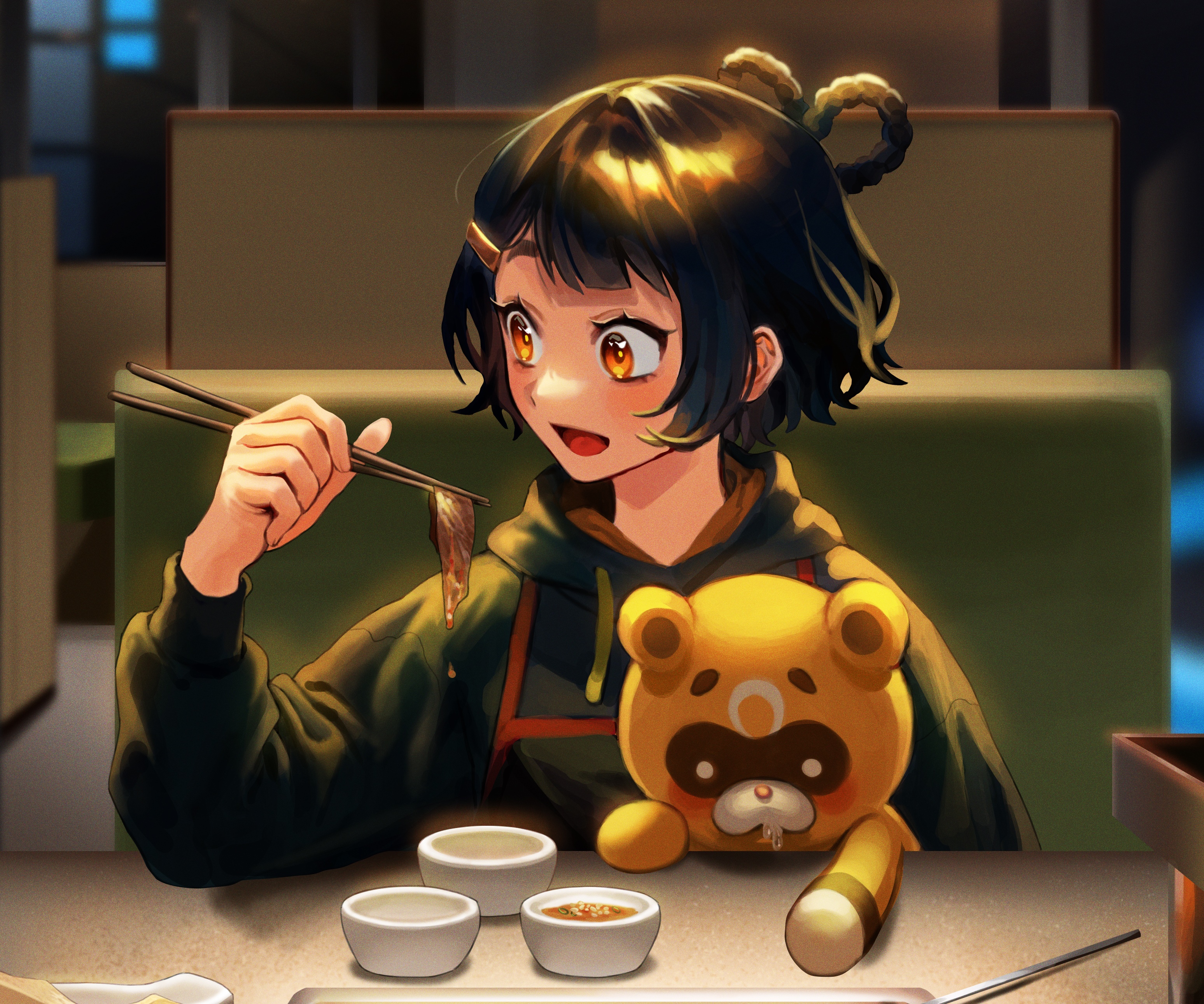 Xiangling eating meat with Guoba plush HD Wallpaper