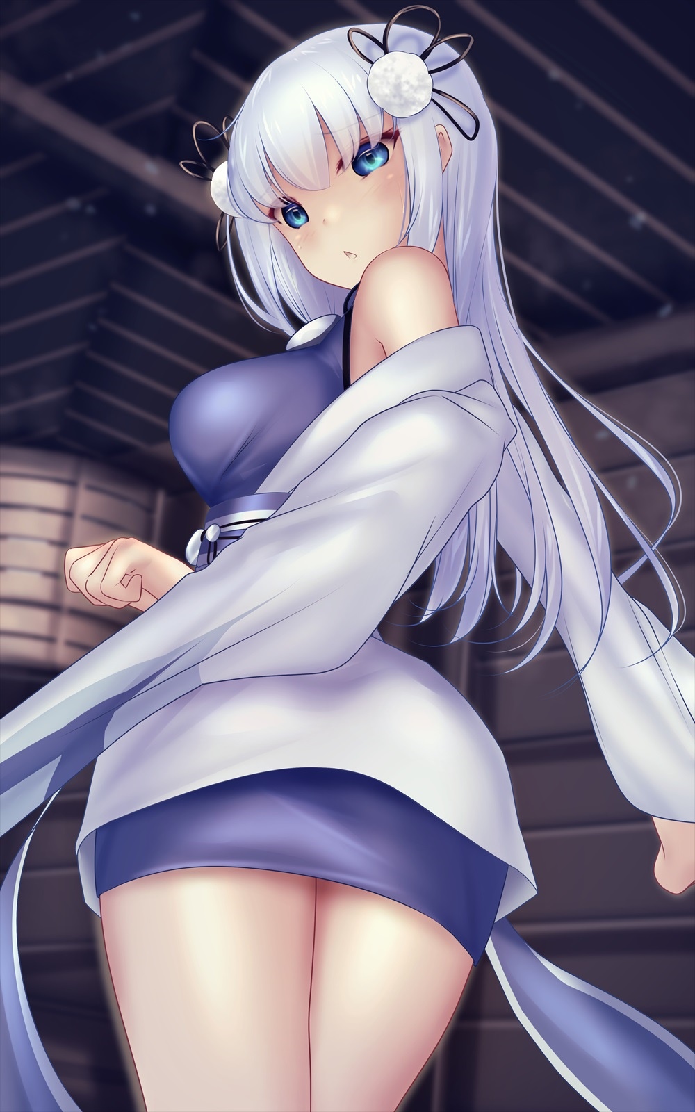 Anime girl with white hair and blue eyes in a blue dress HD Phone Wallpaper