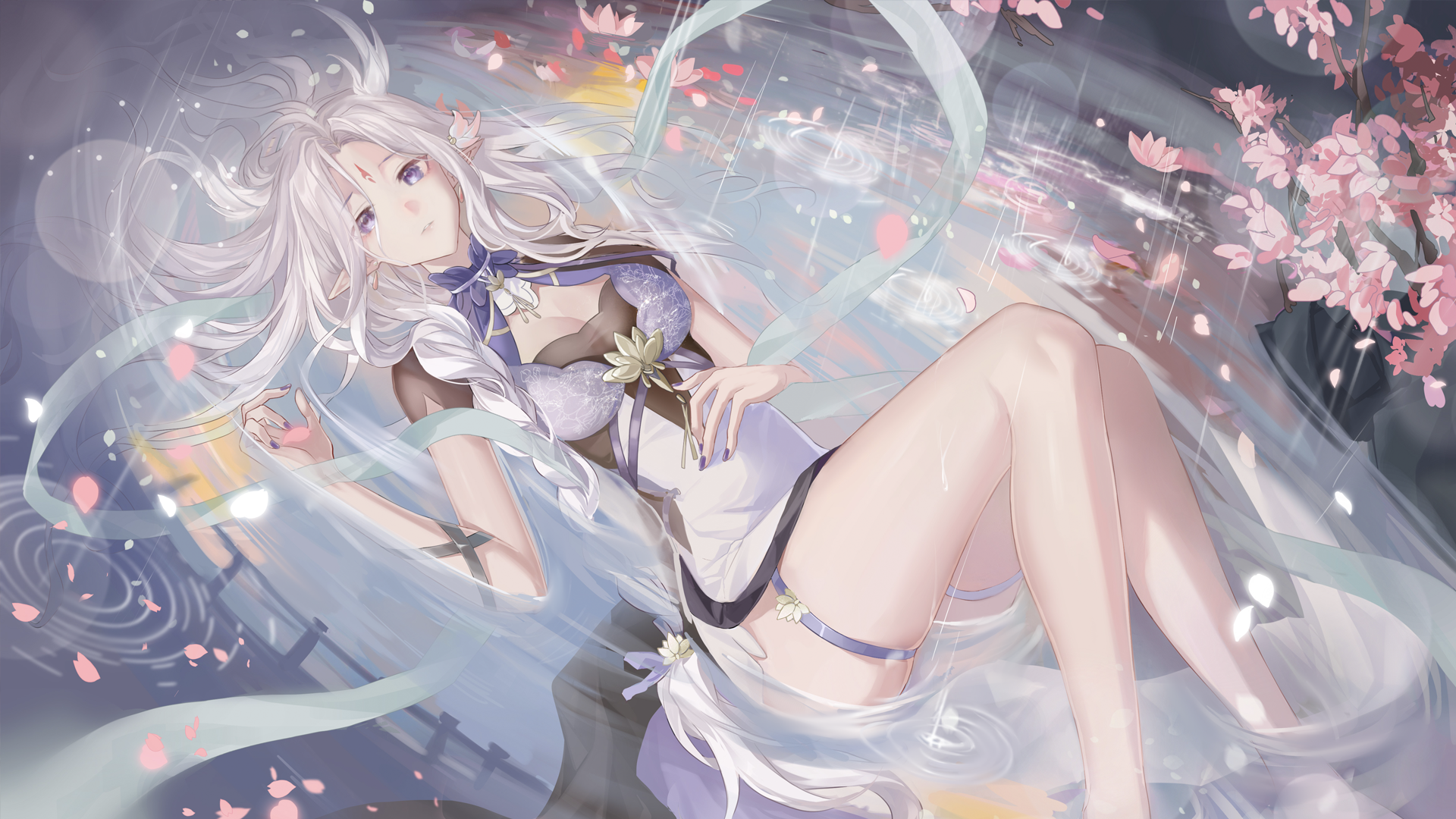 Anime girl with white hair in a Chinese dress HD Wallpaper