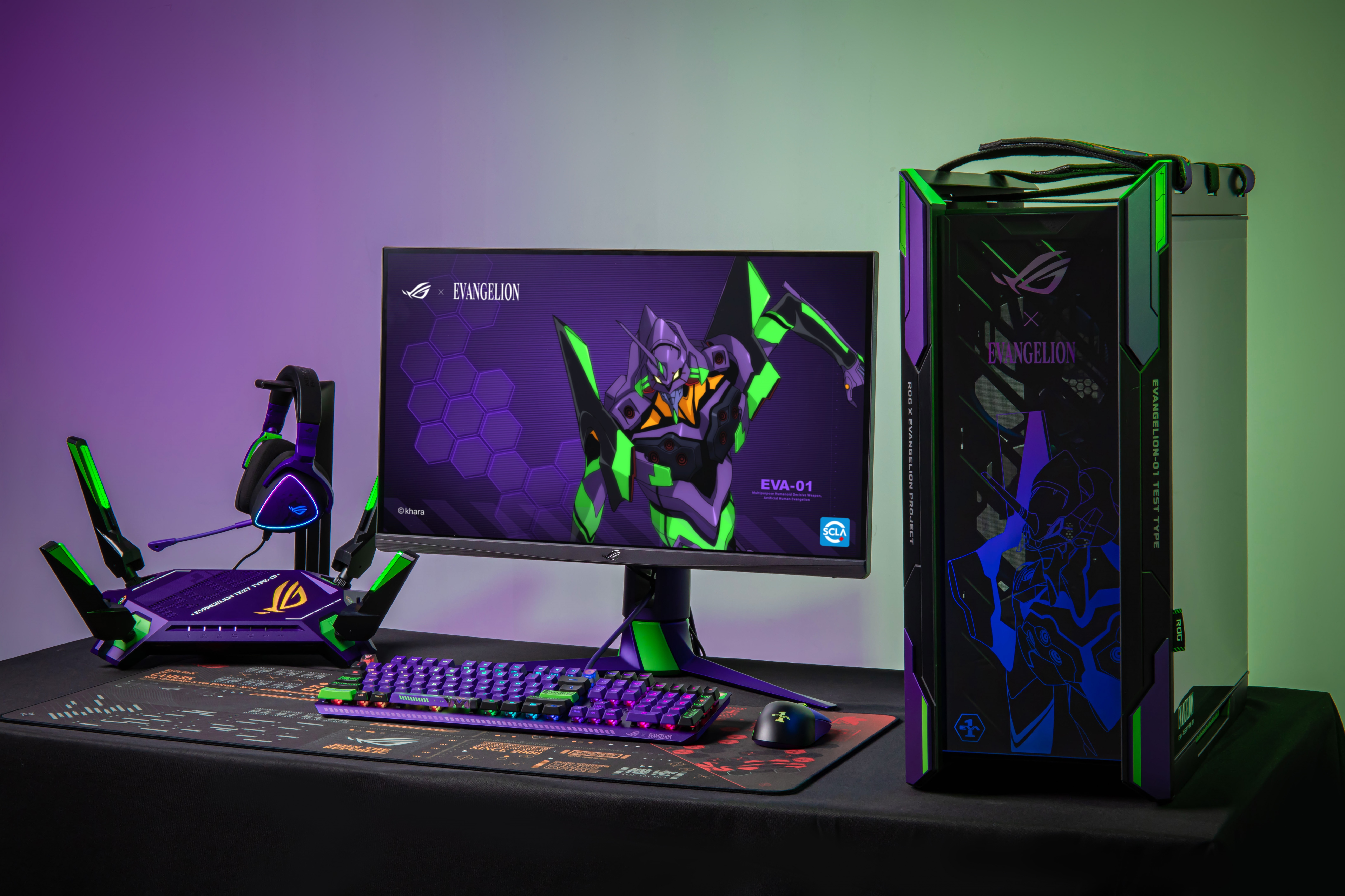 ASUS ROG x Evangelion EVA Unit-01 Gaming PC Setup HD Wallpaper