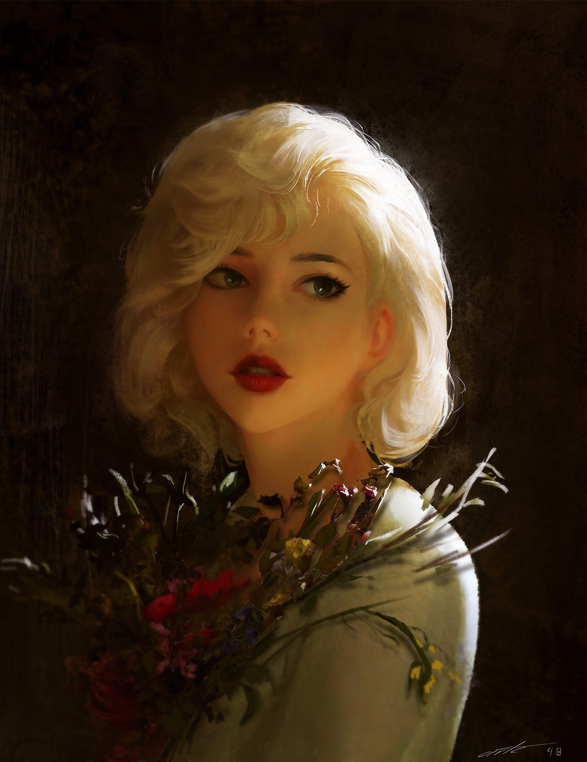 Blonde woman with red lipstick holding flowers HD Phone Wallpaper