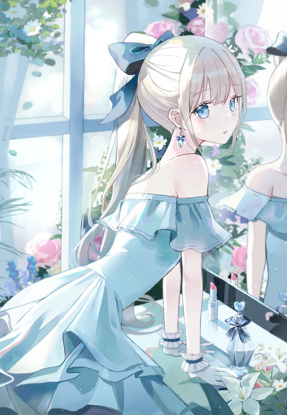 Anime girl with blue eyes and blonde ponytail in a blue dress HD Phone Wallpaper