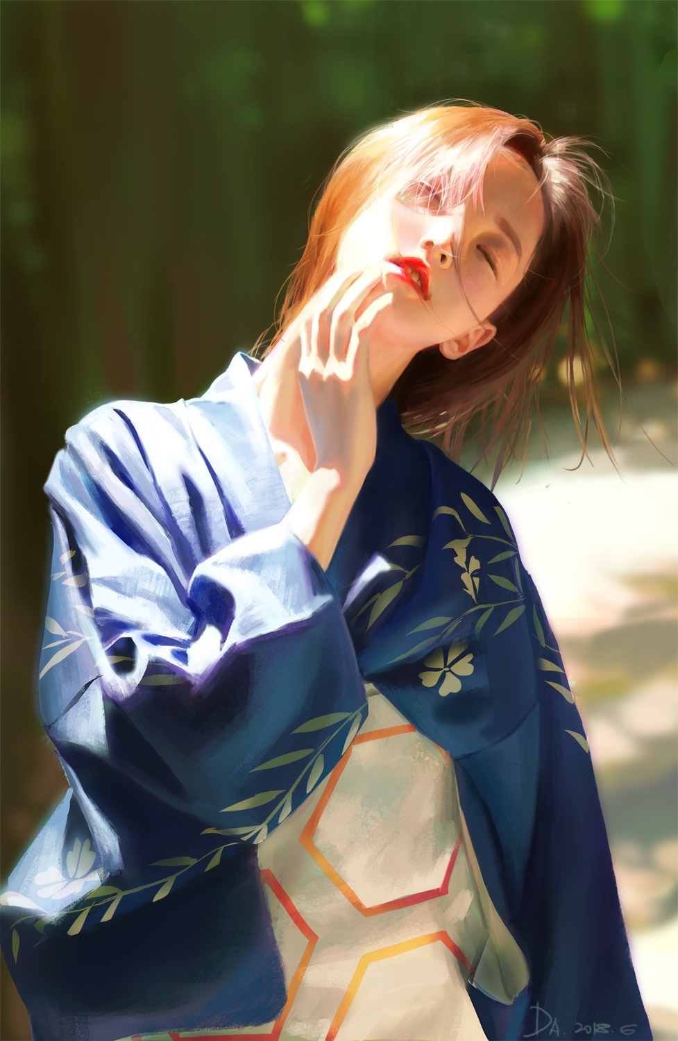 Woman in a blue yukata with floral patterns HD Phone Wallpaper