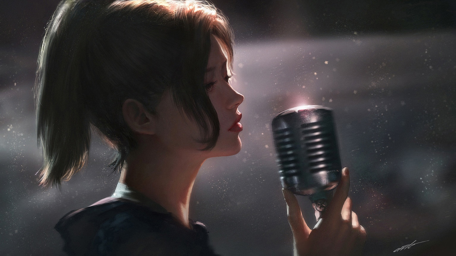 Girl singing into a vintage microphone HD Wallpaper