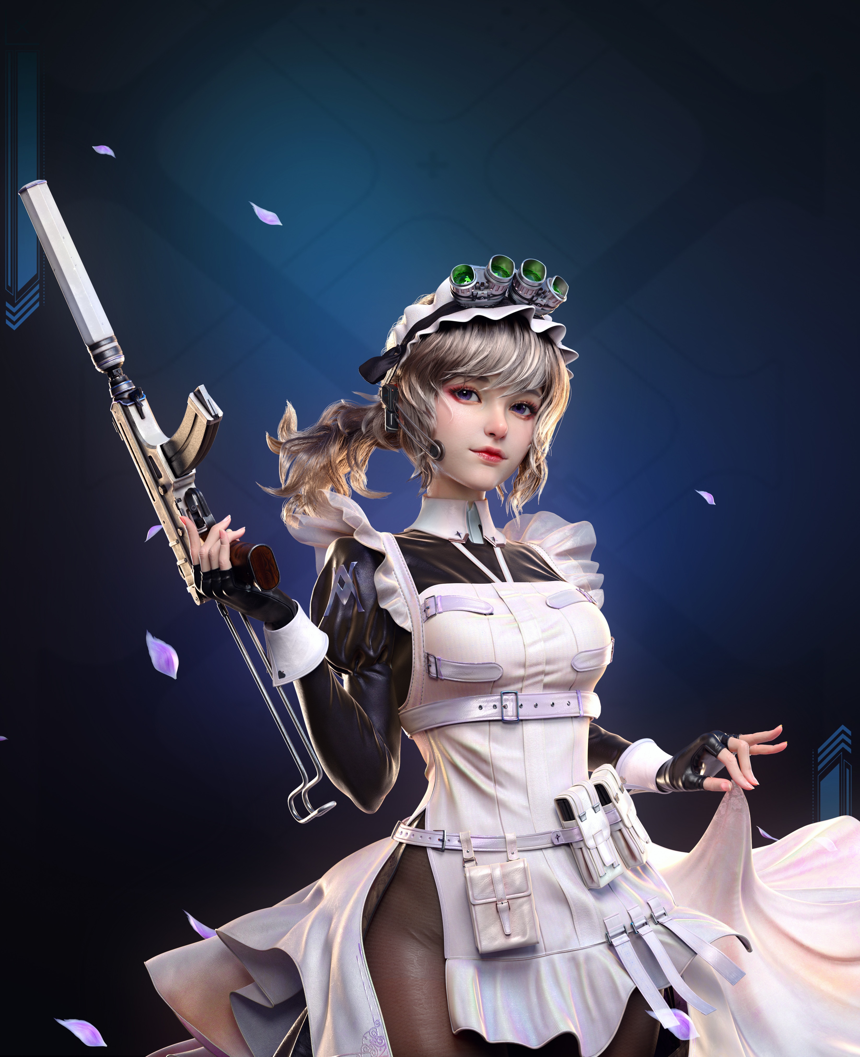 Woman in maid outfit holding a rifle HD Phone Wallpaper