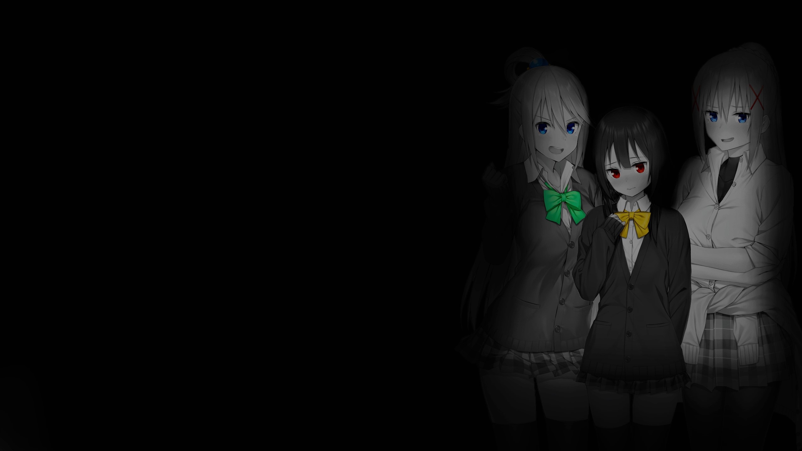 KonoSuba Girls Megumin, Aqua, and Darkness on Black Background HD Wallpaper