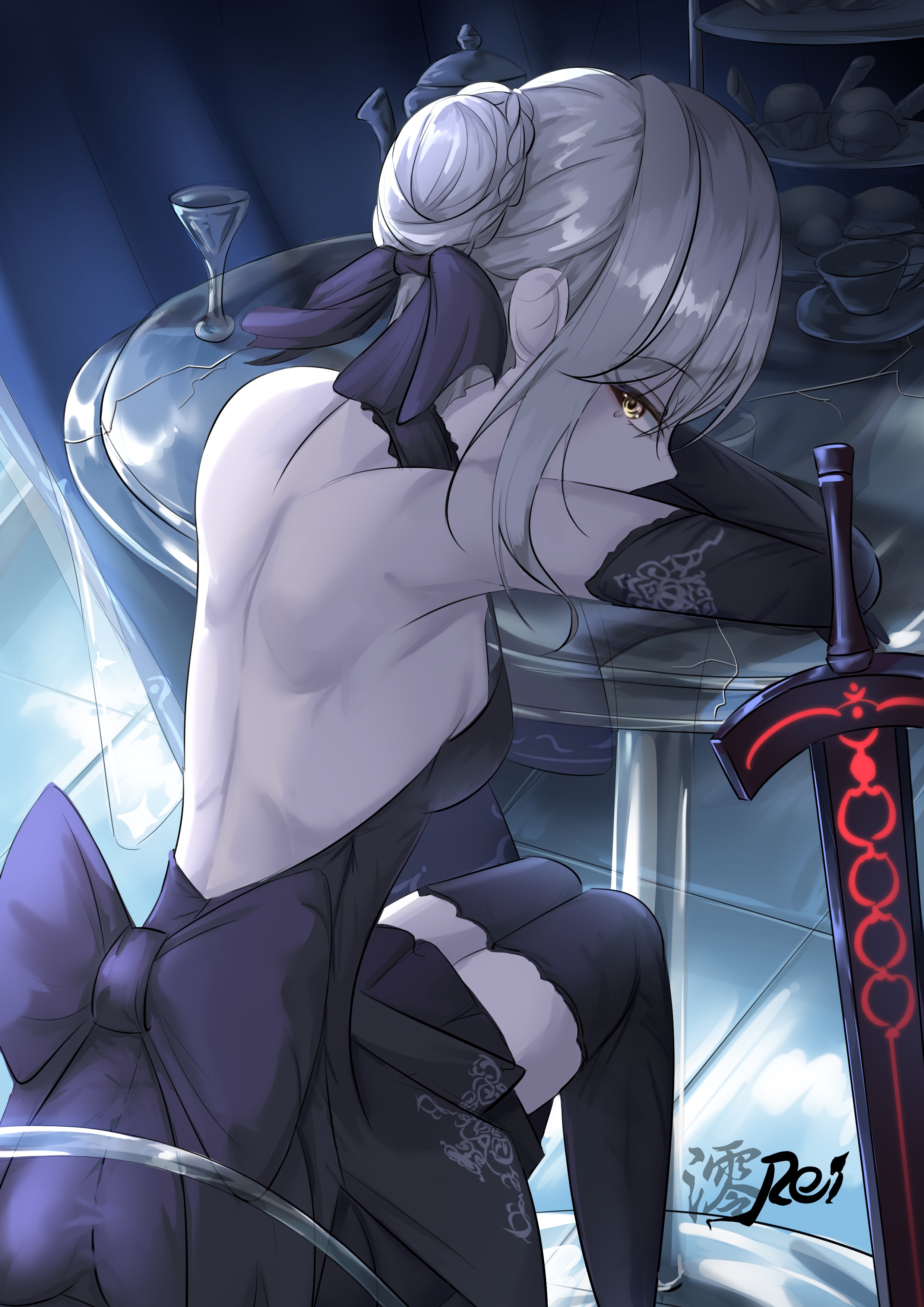 Saber Alter in a dark dress with a sword HD Phone Wallpaper
