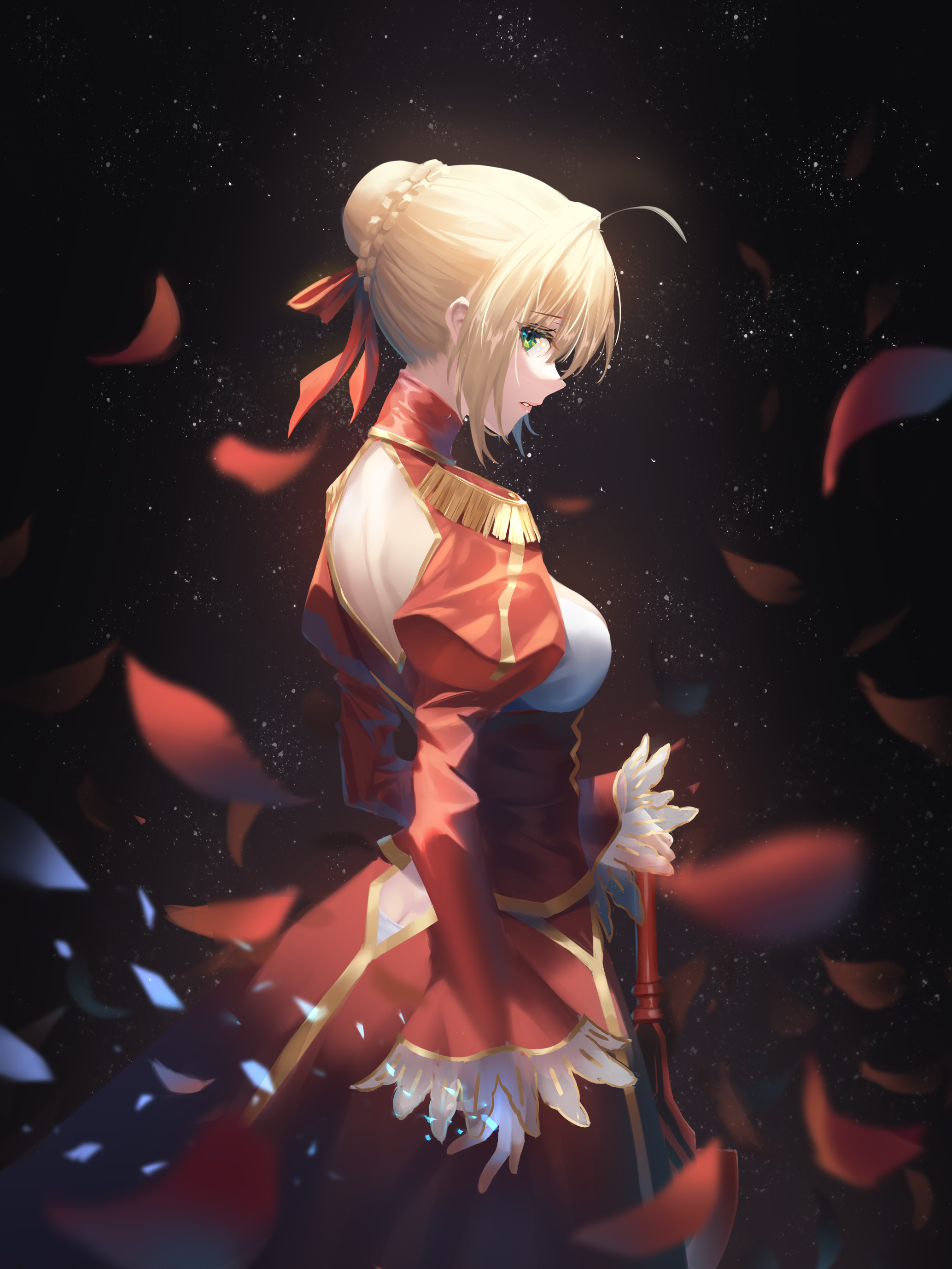 Nero Claudius from Fate/Extra surrounded by petals HD Phone Wallpaper