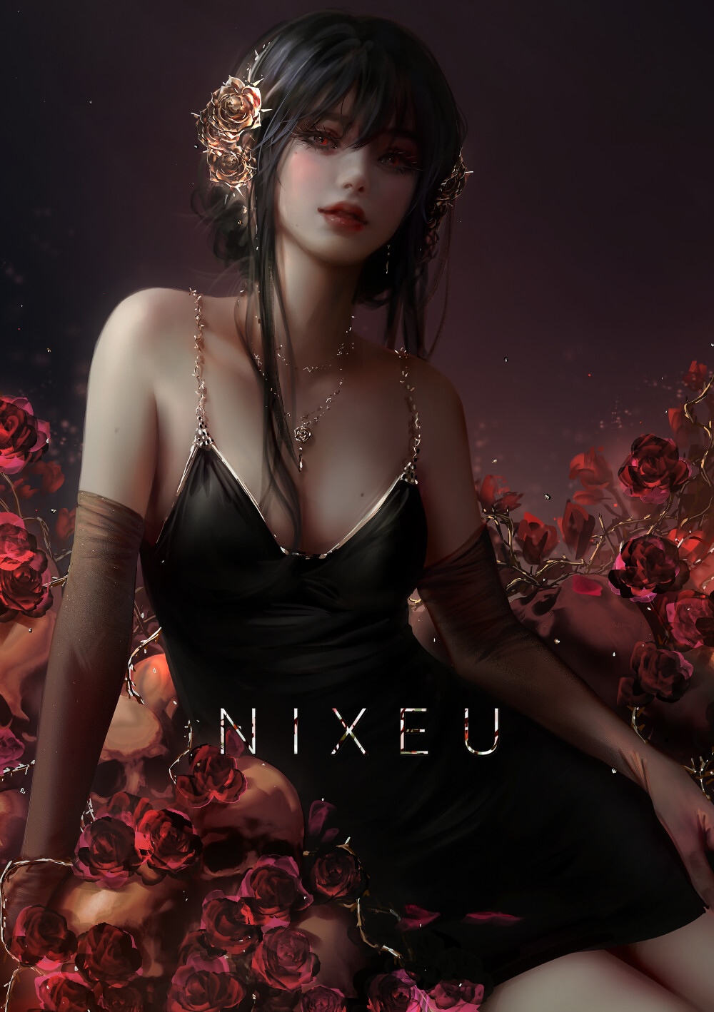 Yor Forger in a black dress surrounded by roses HD Phone Wallpaper