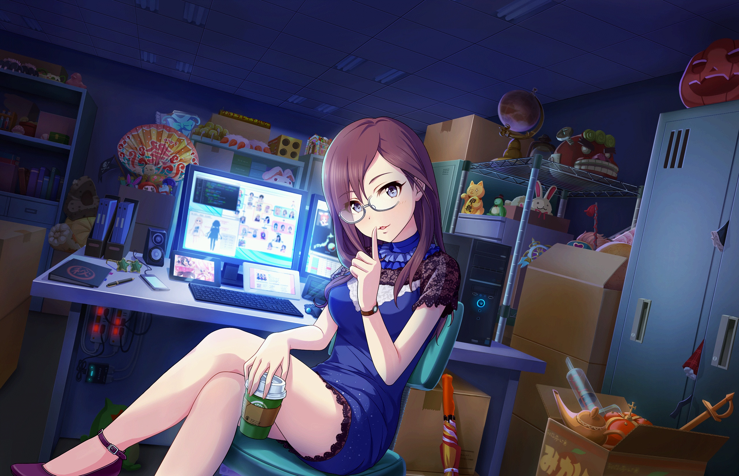 Brunette woman with glasses holding coffee HD Wallpaper