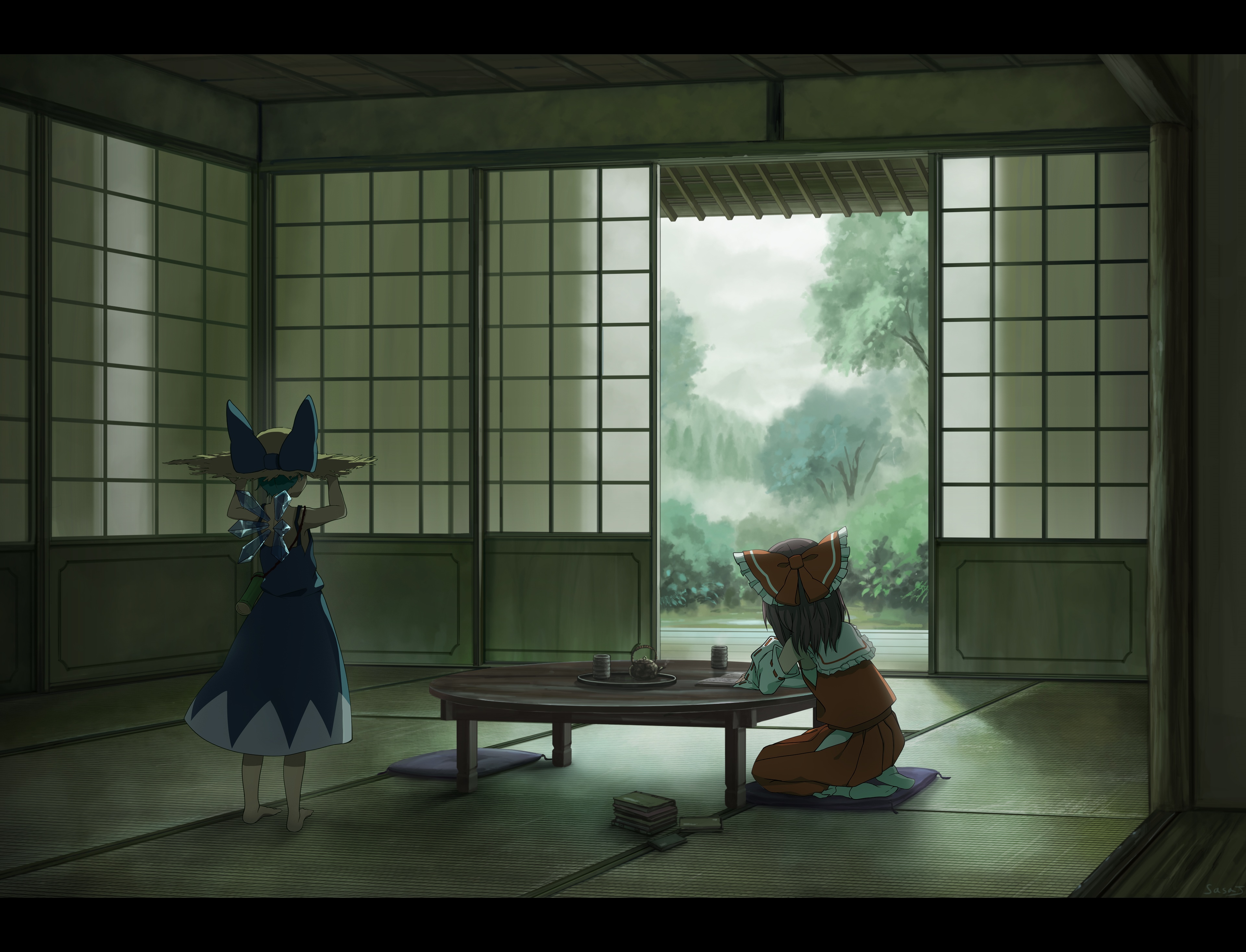 Cirno and Hakurei Reimu in a Japanese room HD Wallpaper