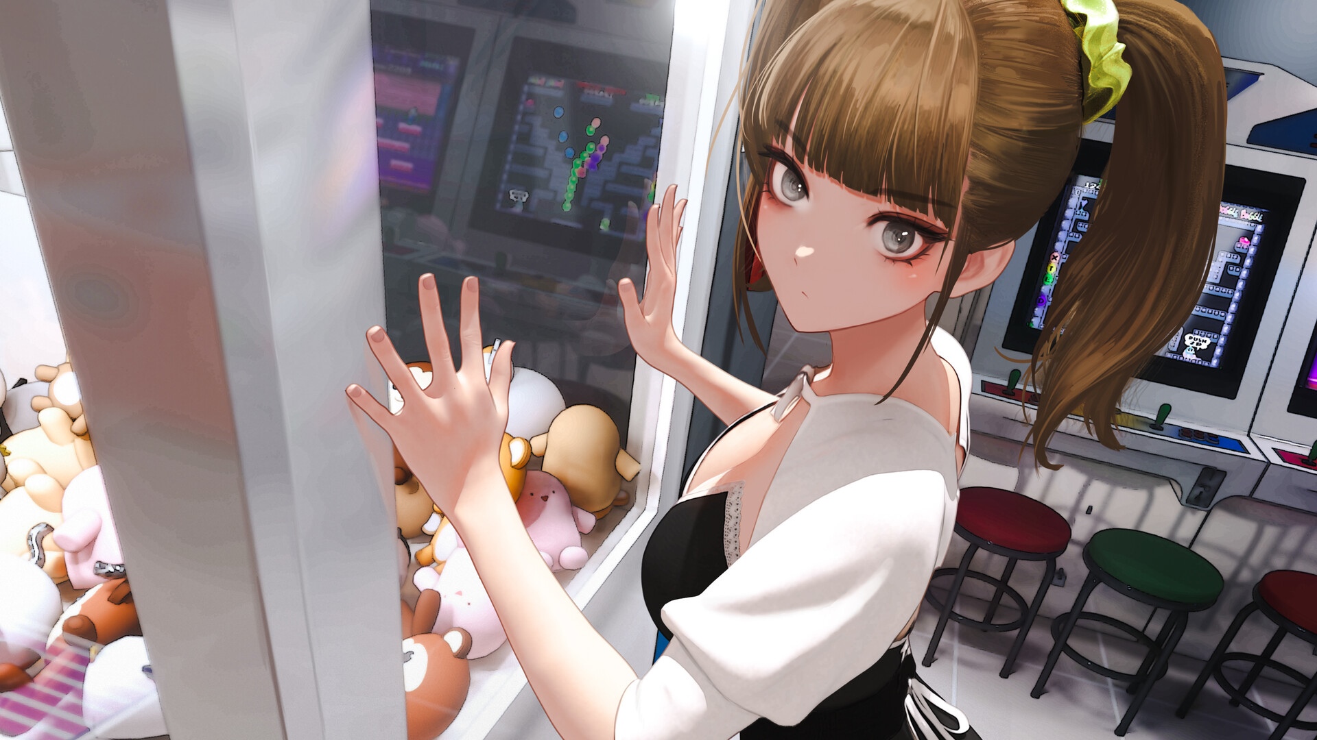 Girl playing claw machine at arcade HD Wallpaper