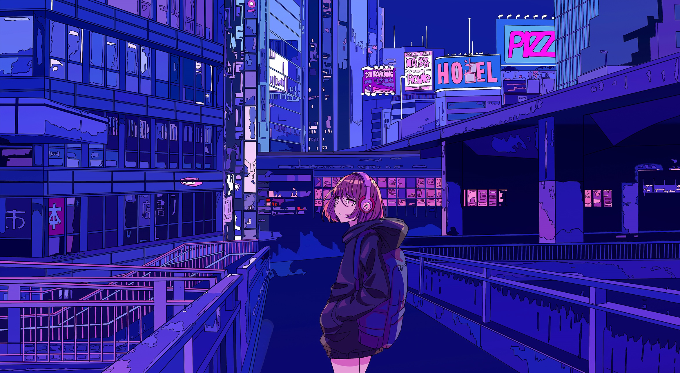 Anime girl with headphones in a neon city at night HD Wallpaper