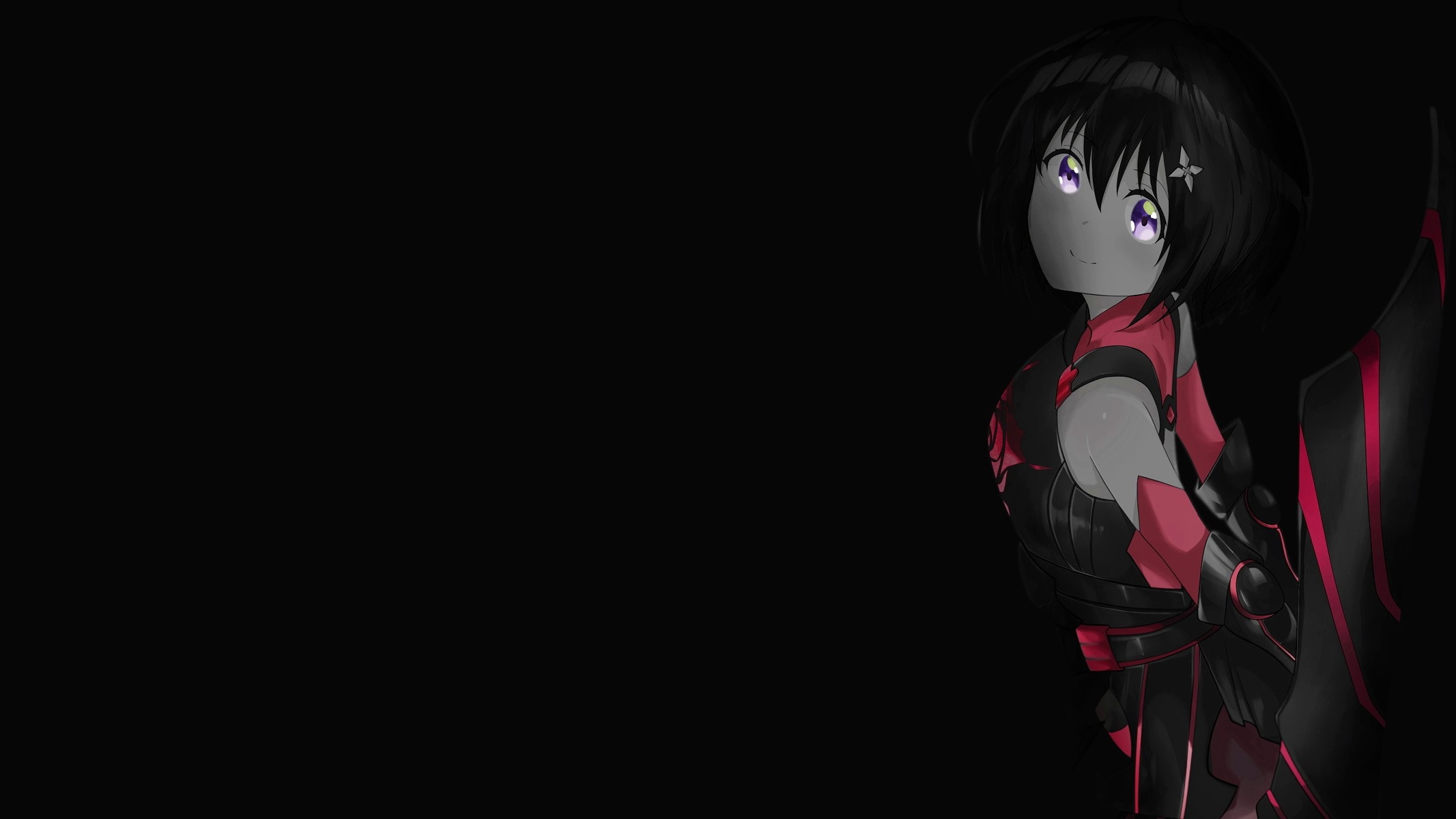 Anime girl with black hair and purple eyes in dark armor HD Wallpaper