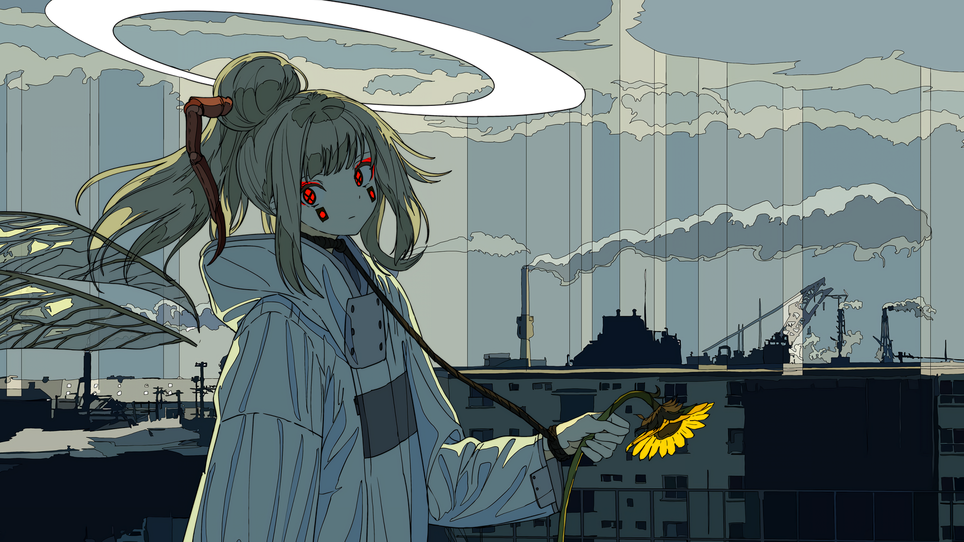 Anime girl with red eyes and wings holding a sunflower HD Wallpaper
