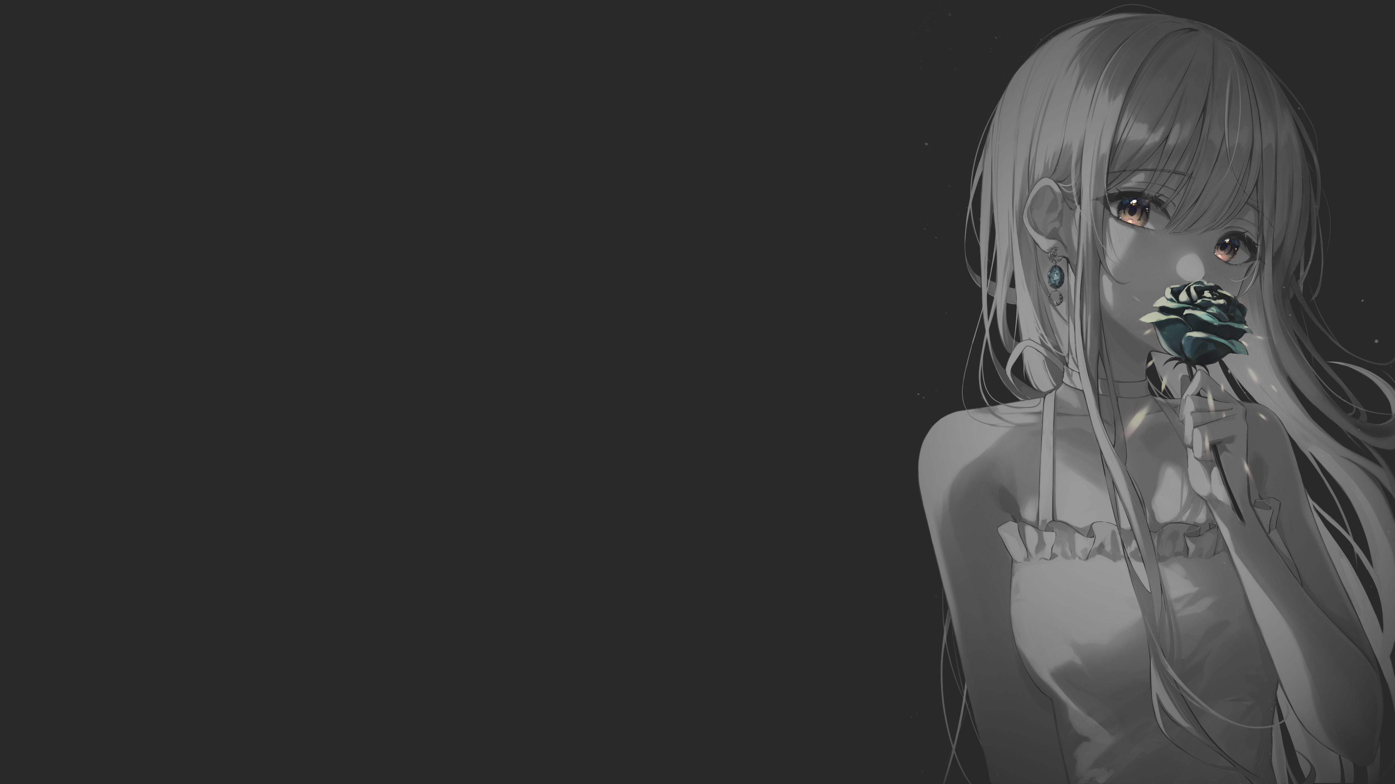 4K Monochrome Anime Girl with Blue Rose HD Wallpaper
