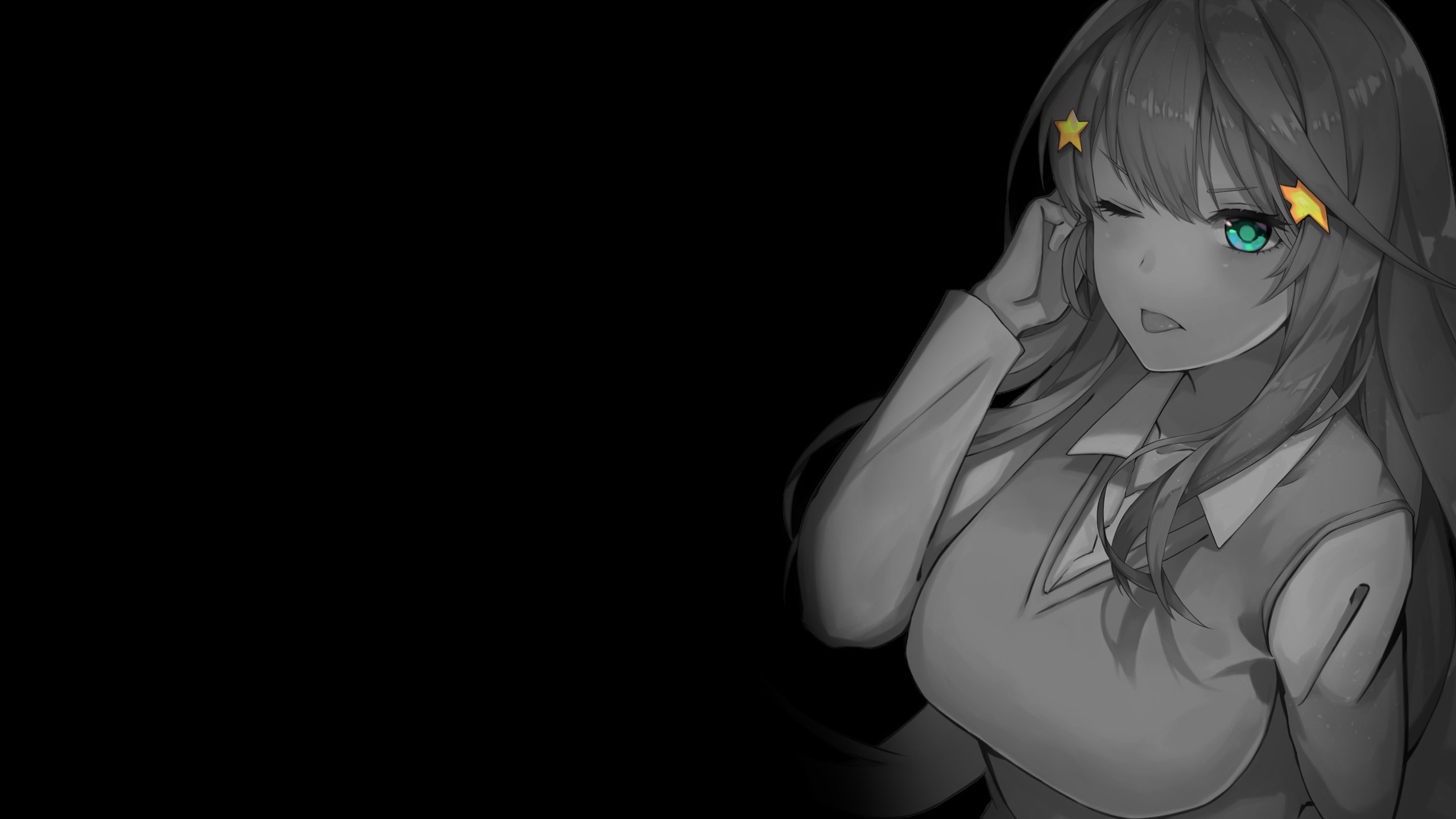 Anime girl with selective coloring and star hair clips HD Wallpaper
