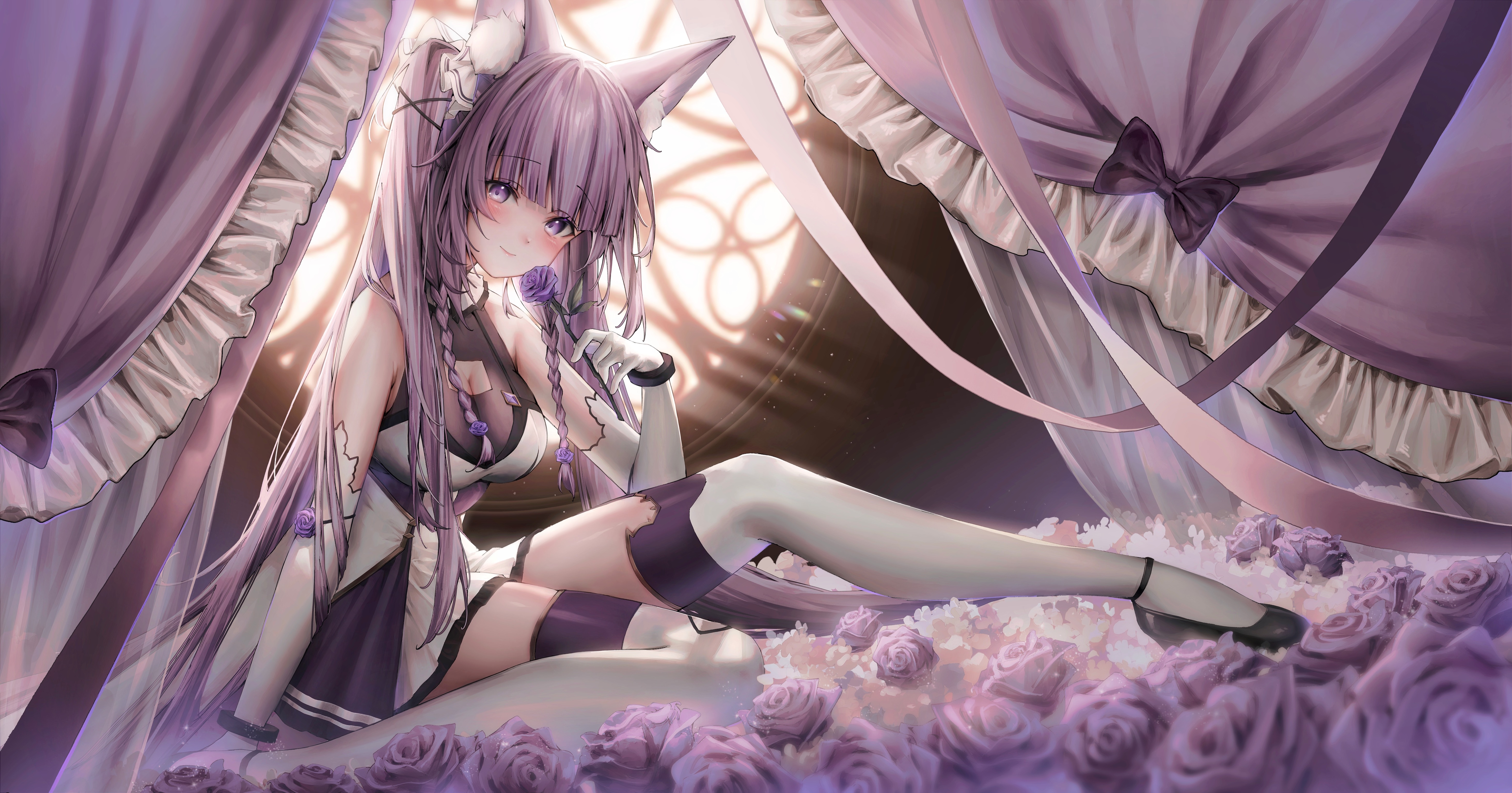4K anime girl with fox ears and purple hair HD Wallpaper