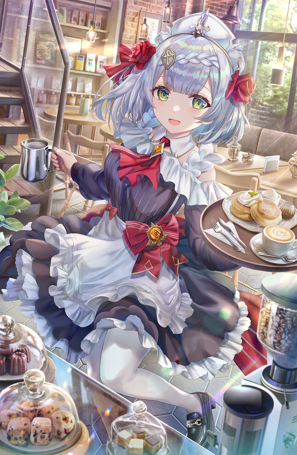 Maid Noelle from Genshin Impact serving coffee and pastries HD Phone Wallpaper