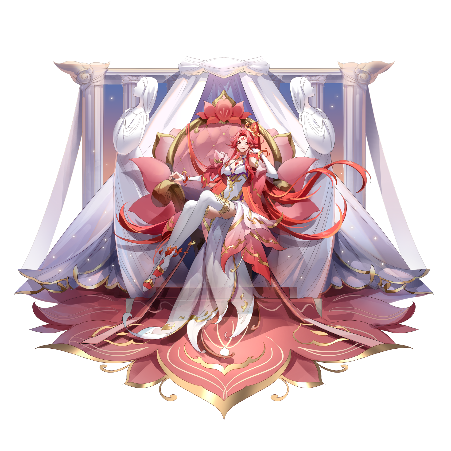 Redhead woman in white dress on a lotus throne HD Wallpaper