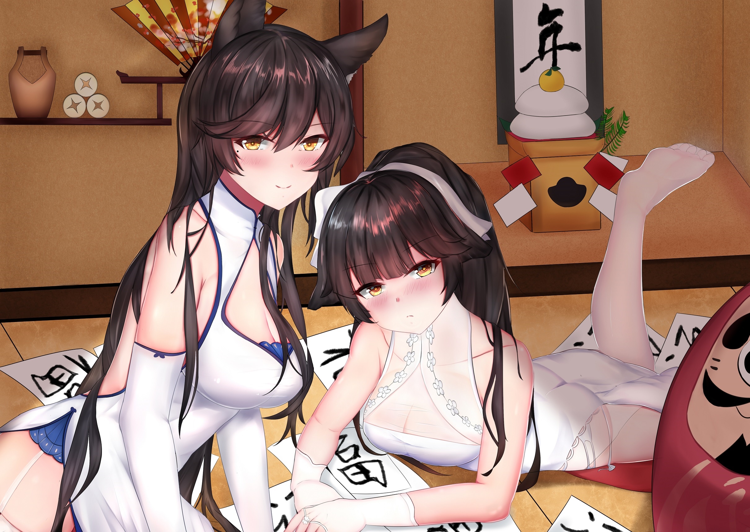 Azur Lane fan art of Atago and Takao in traditional outfits HD Wallpaper