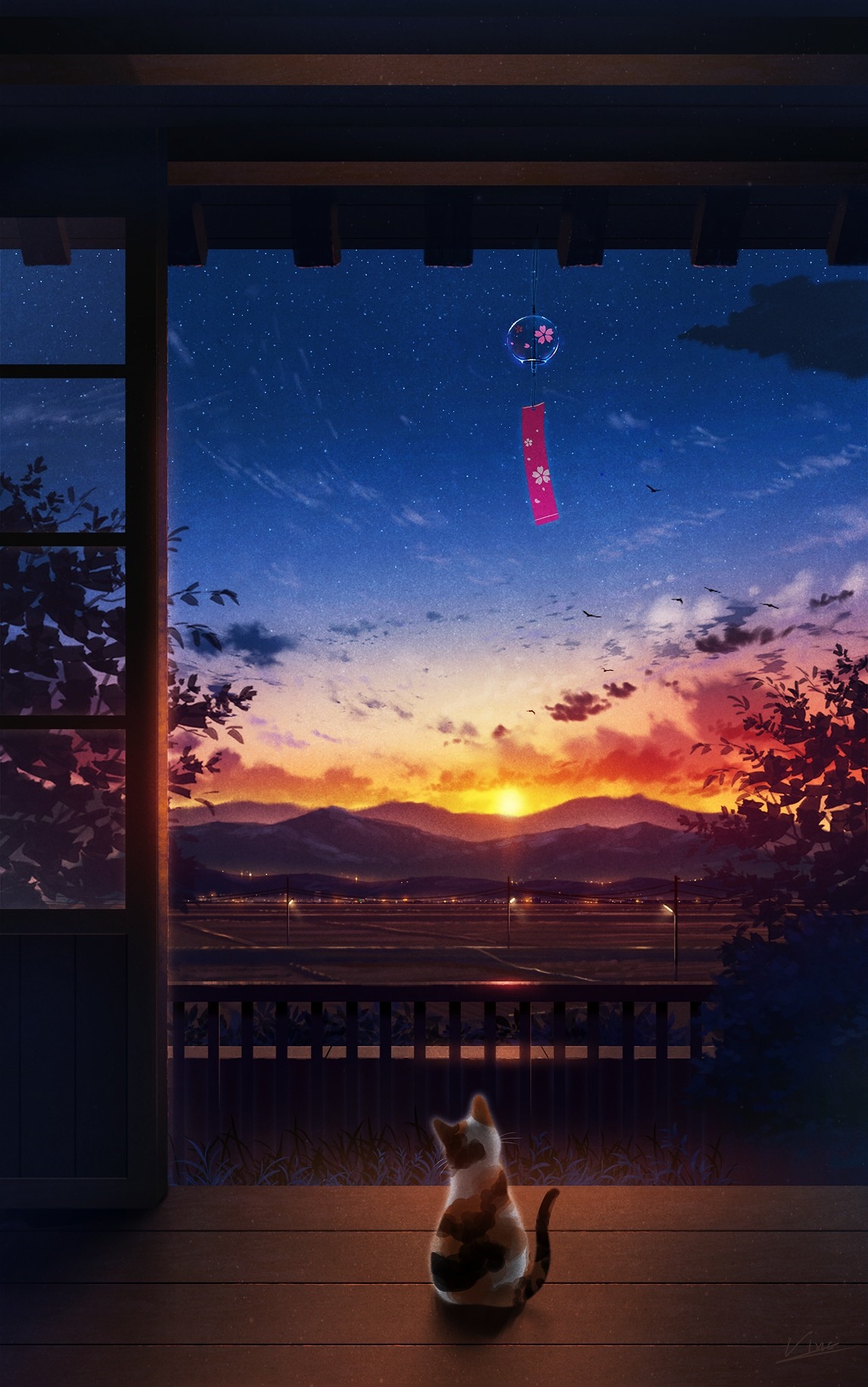 Cat on a porch watching a sunset with a wind chime HD Phone Wallpaper