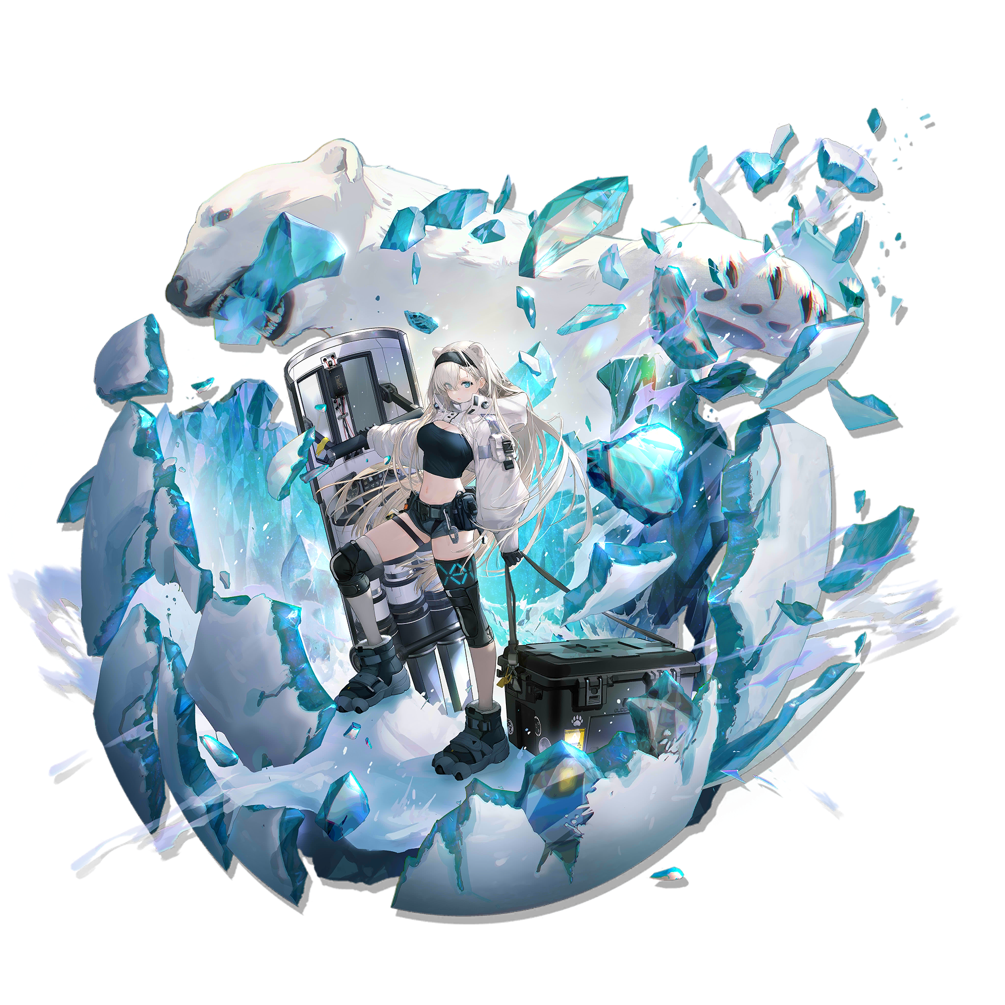 Aurora from Arknights with a polar bear and ice shards HD Wallpaper