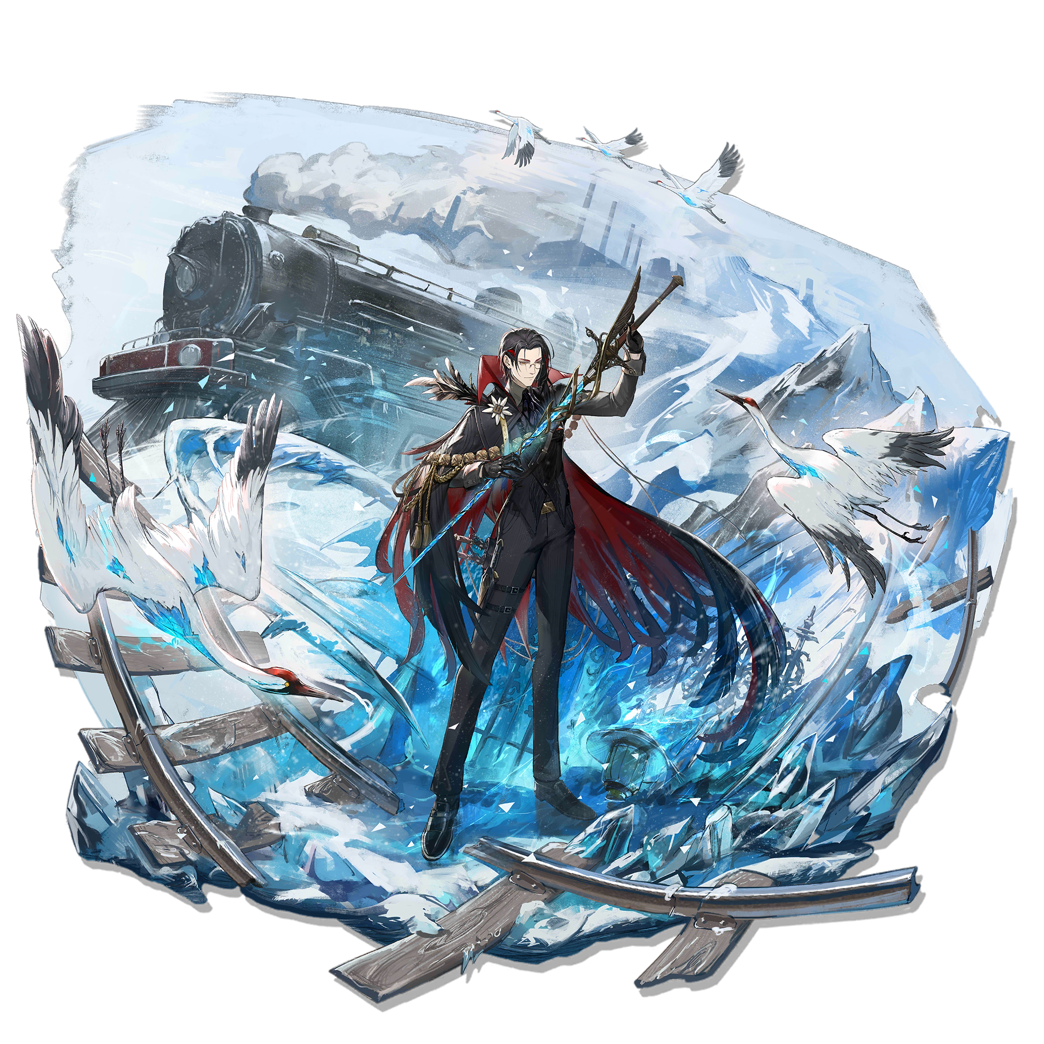Arknights character with a train and cranes in snow HD Wallpaper