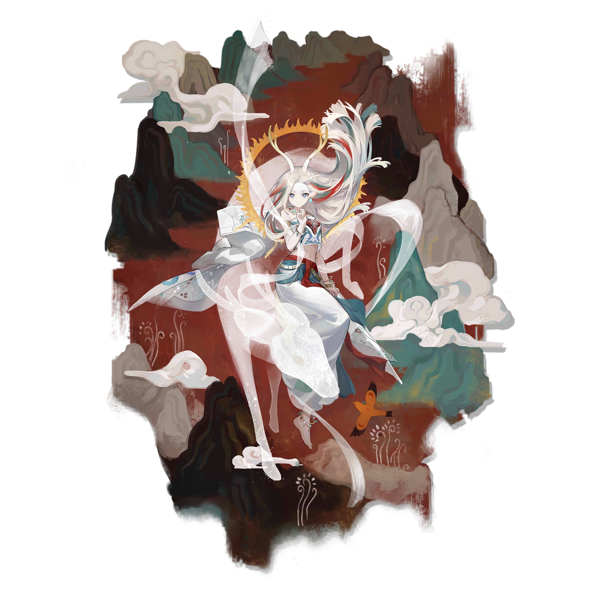 Fantasy girl with antlers and white hair in Arknights art style HD Wallpaper
