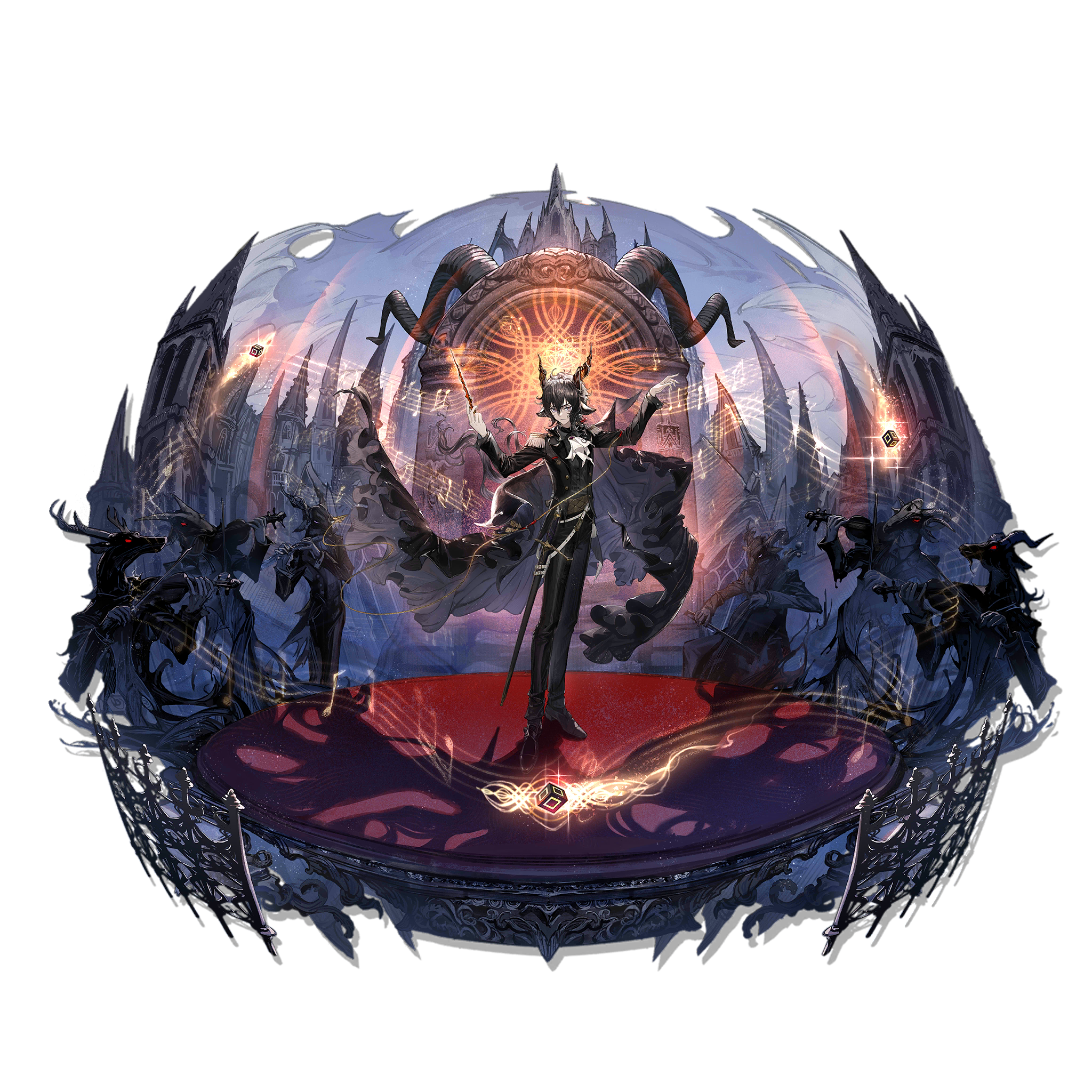 Arknights: Conductor with Demonic Figures and Gothic Architecture HD Wallpaper