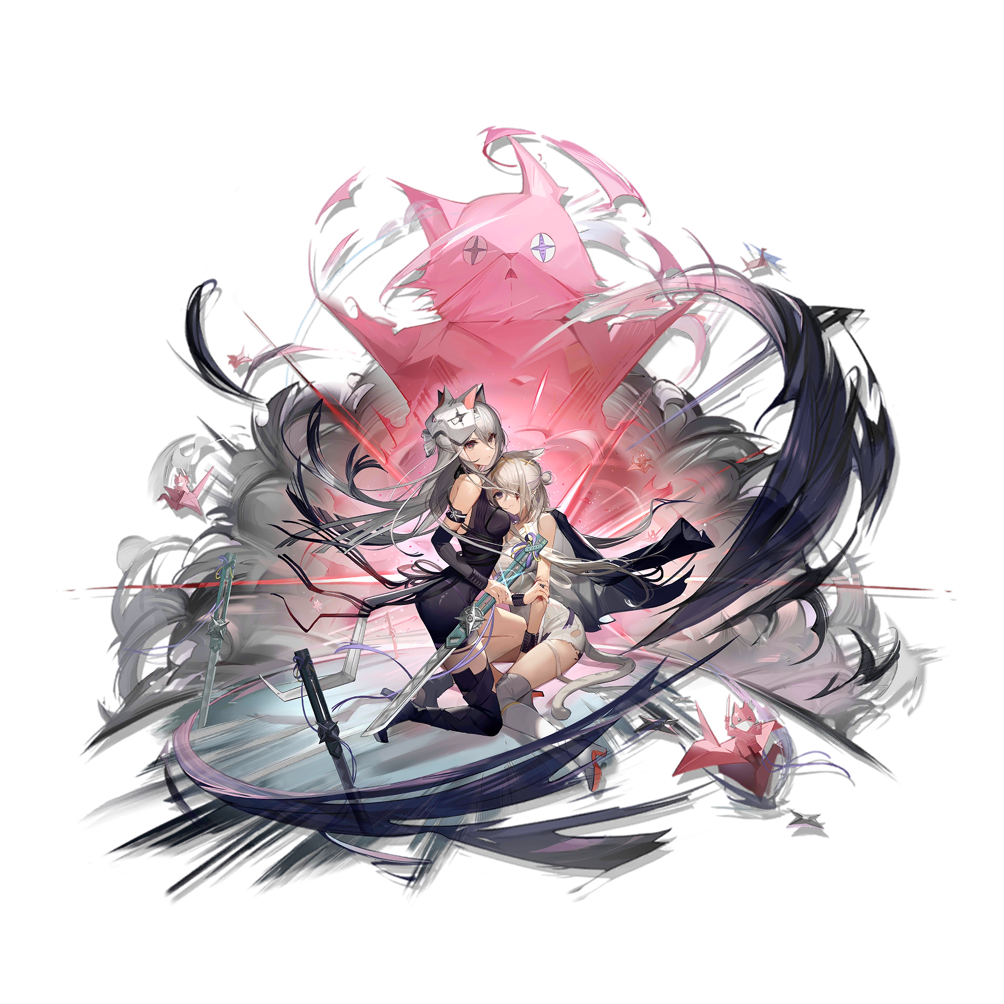 Arknights: Two women with swords and a pink cat motif HD Wallpaper