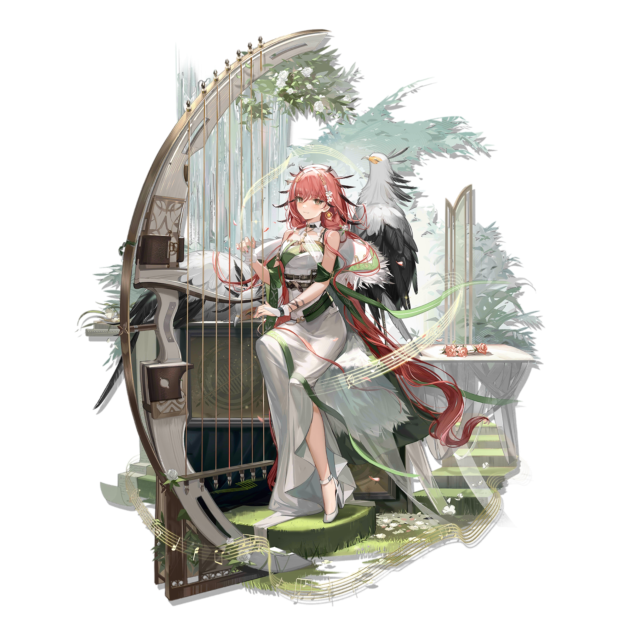 Arknights character playing a harp with a bird HD Wallpaper