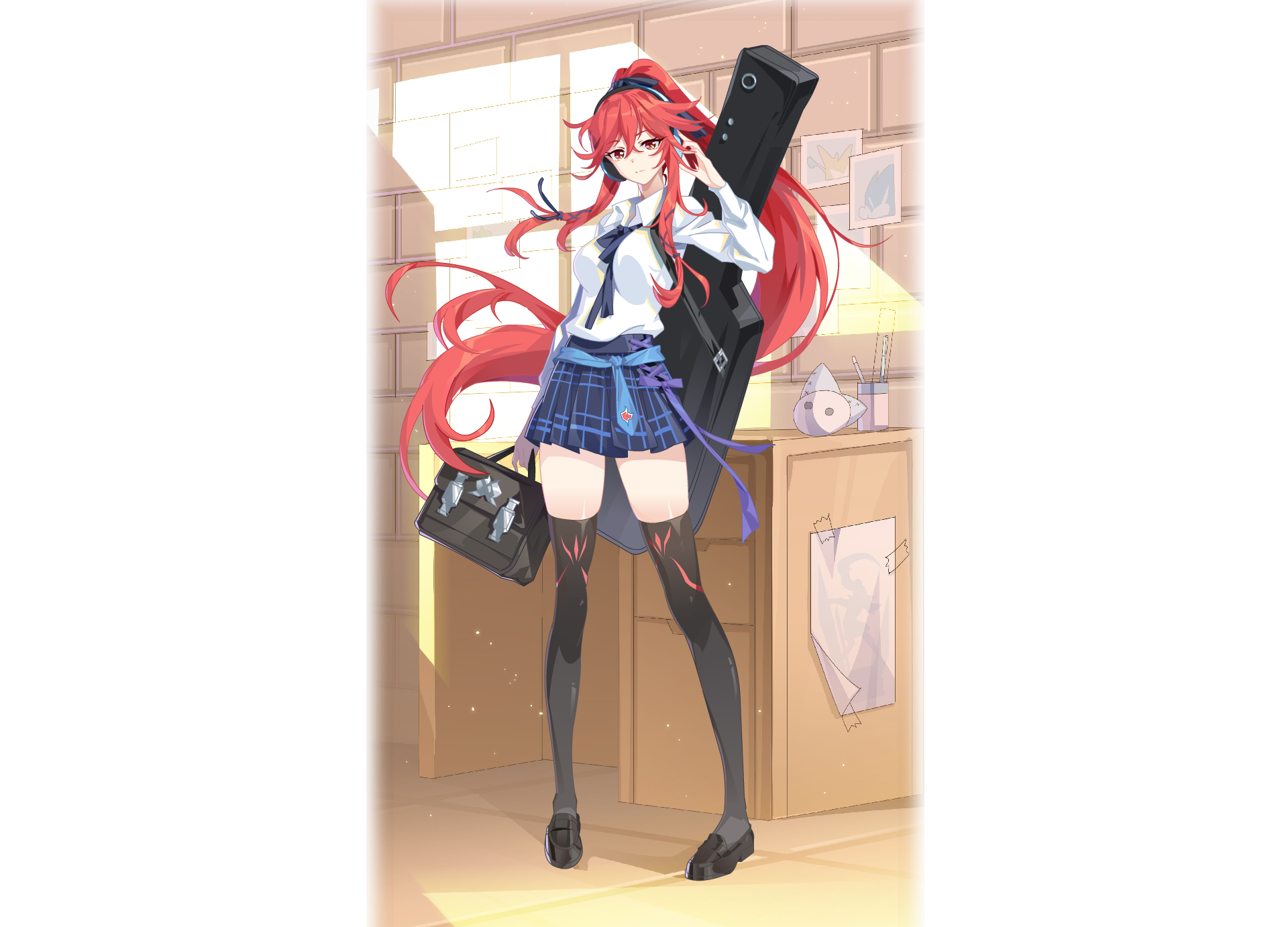Redhead girl with guitar case and school uniform HD Wallpaper