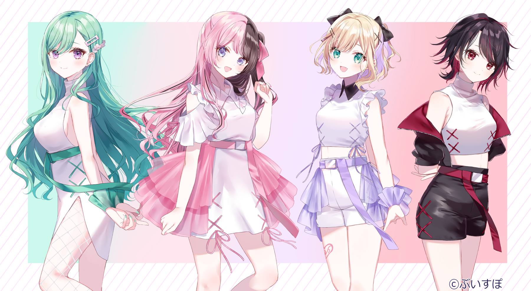 Four anime girls with colorful hair and outfits HD Wallpaper