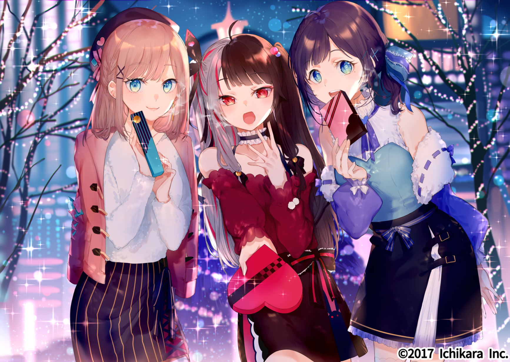 Three anime girls holding chocolates in a city at night HD Wallpaper