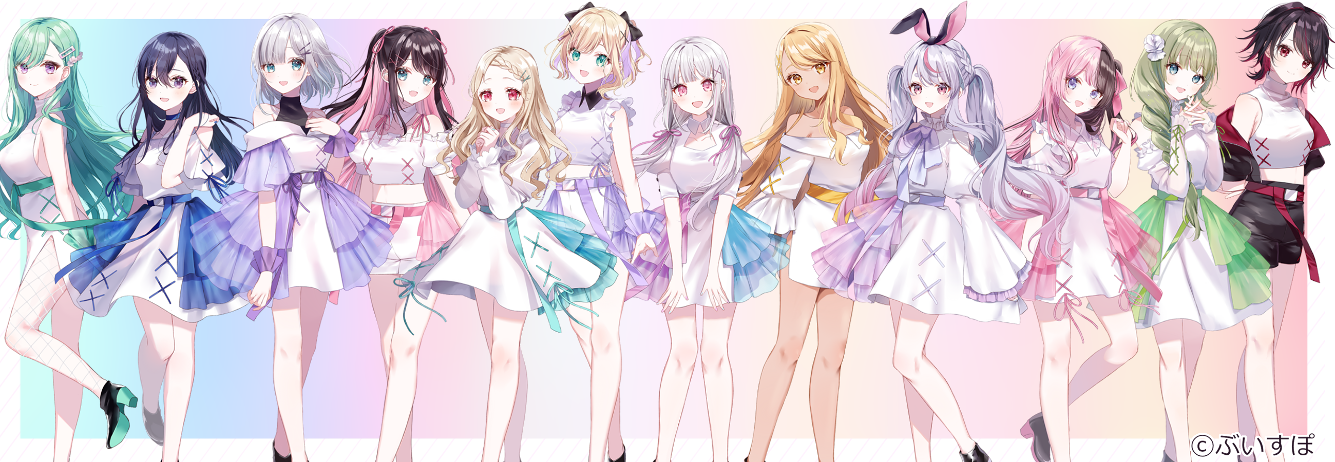Group of anime girls in white dresses with colorful accents HD Wallpaper