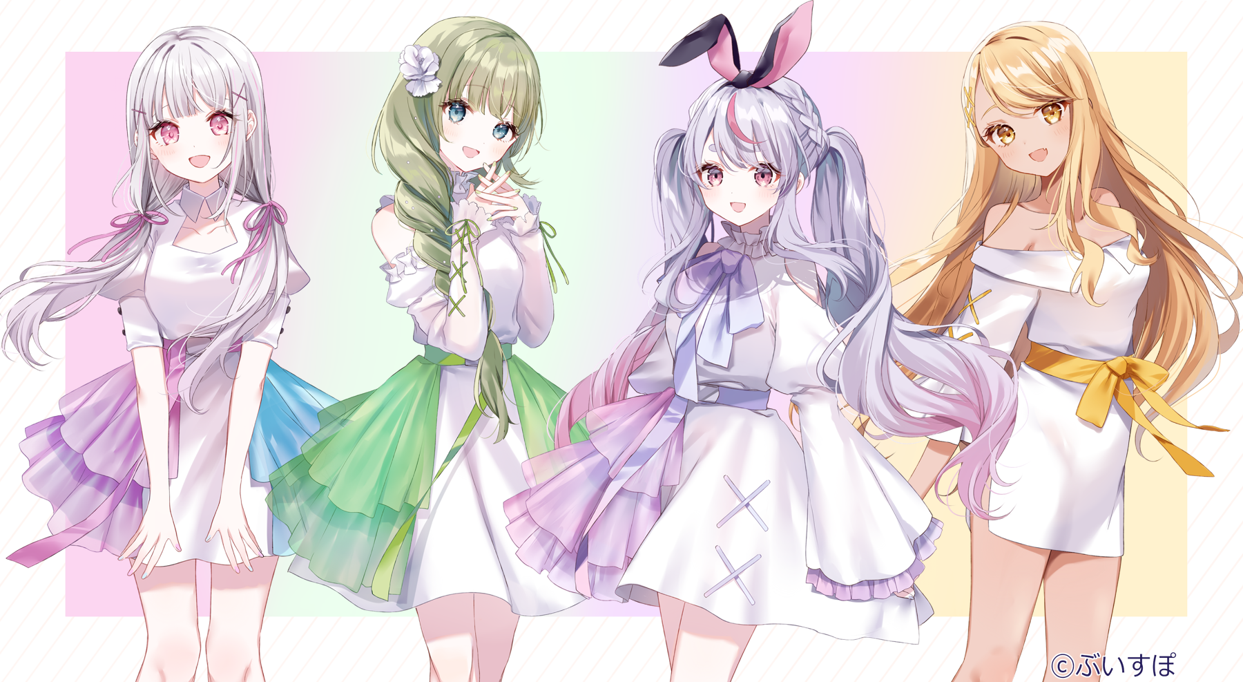 Four anime girls with different hair colors and dresses HD Wallpaper