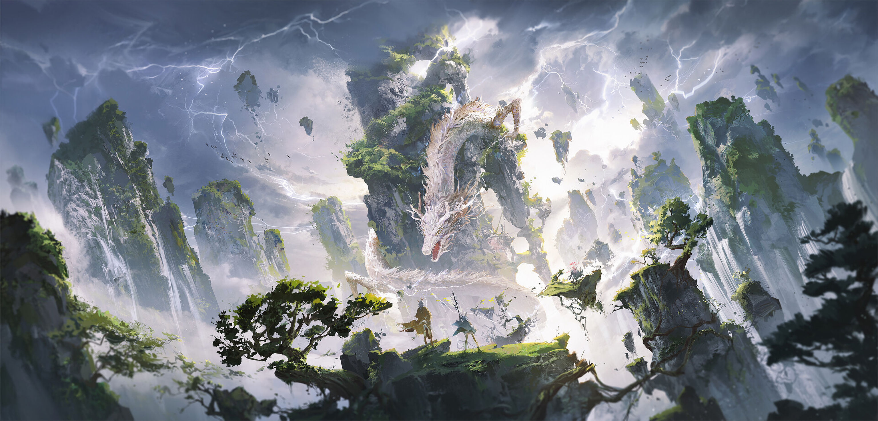 Ying Yi and a dragon in a stormy mountain landscape HD Wallpaper