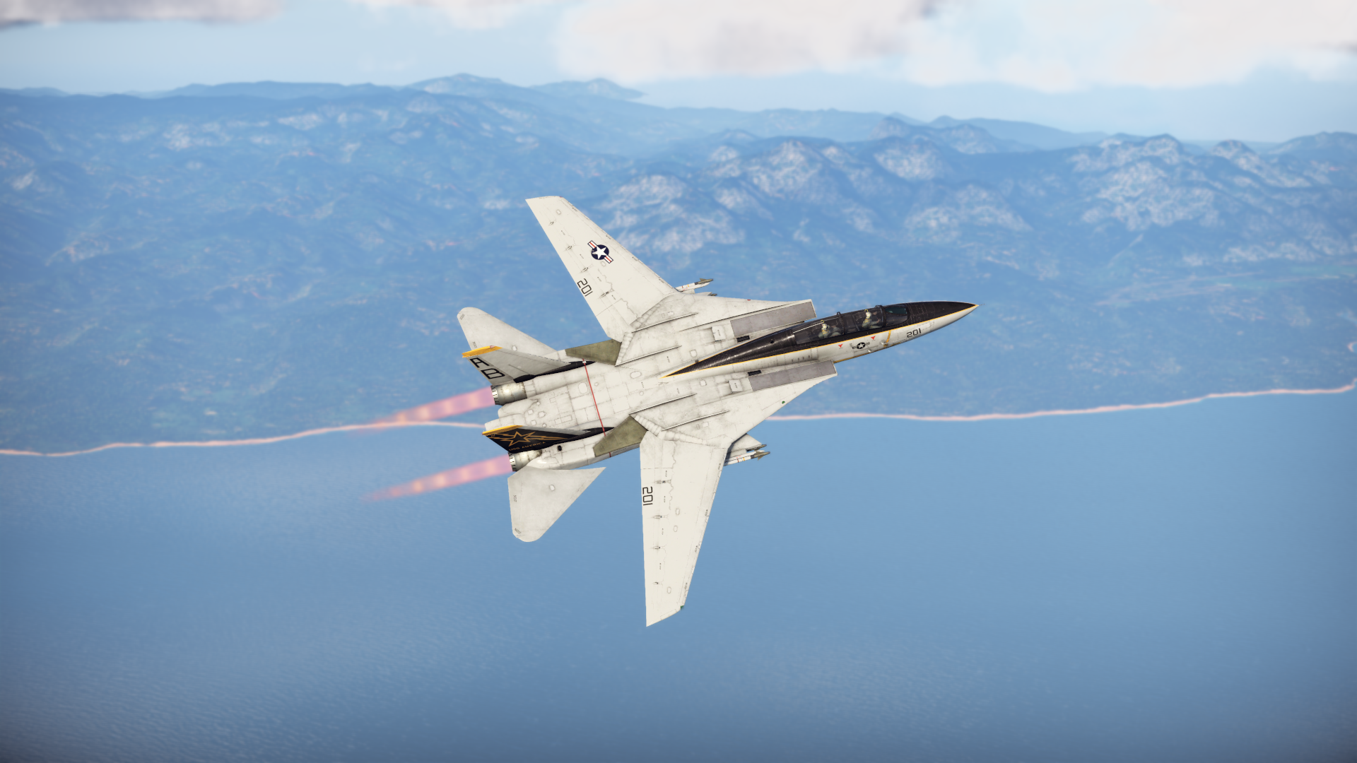 F-14 Tomcat in flight over mountains and sea HD Wallpaper