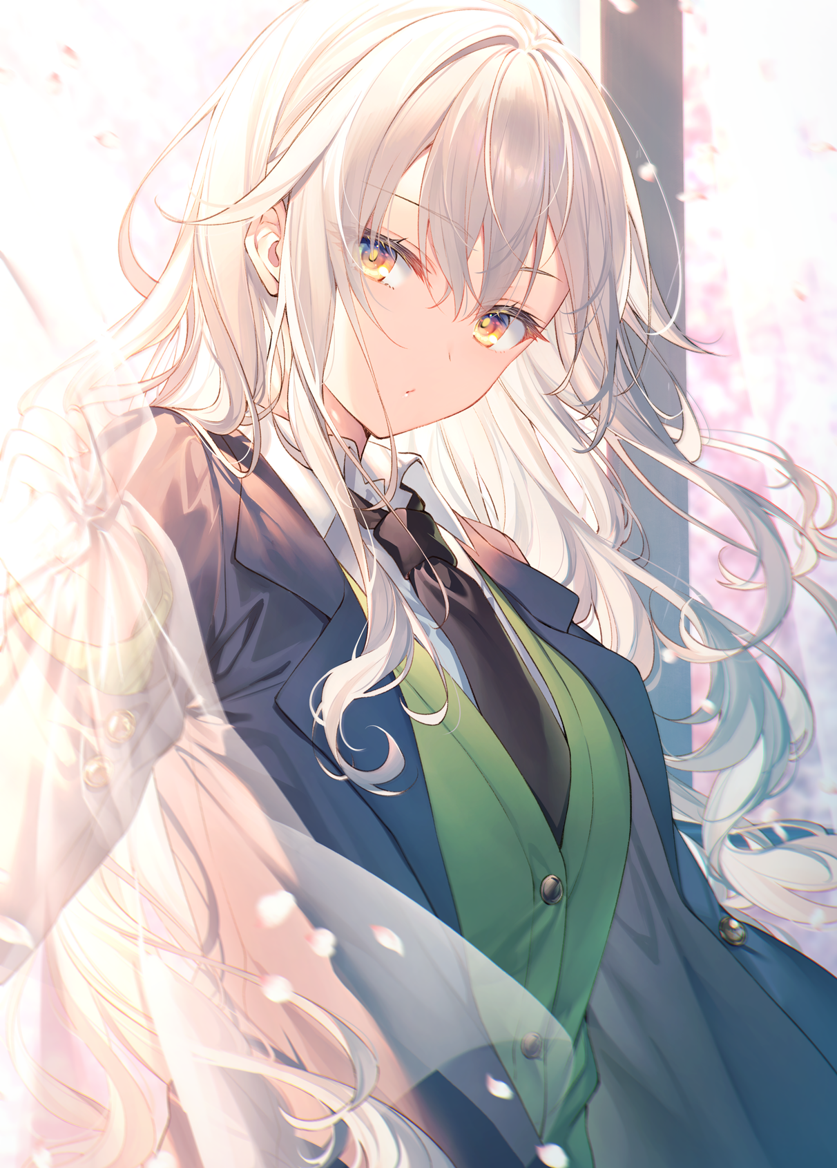 Anime girl with white hair and yellow eyes in school uniform HD Phone Wallpaper