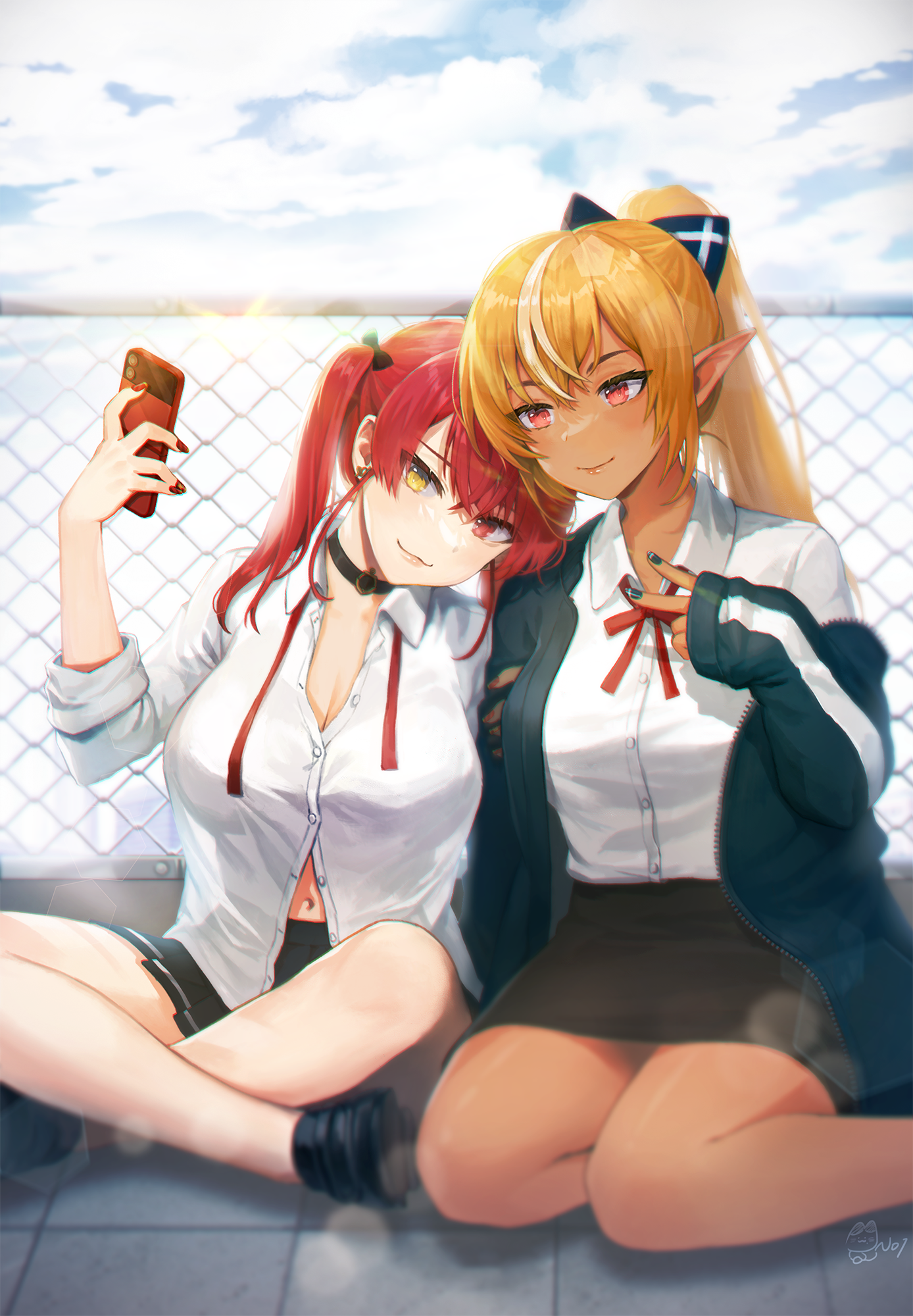 Shiranui Flare and Houshou Marine taking a selfie HD Phone Wallpaper