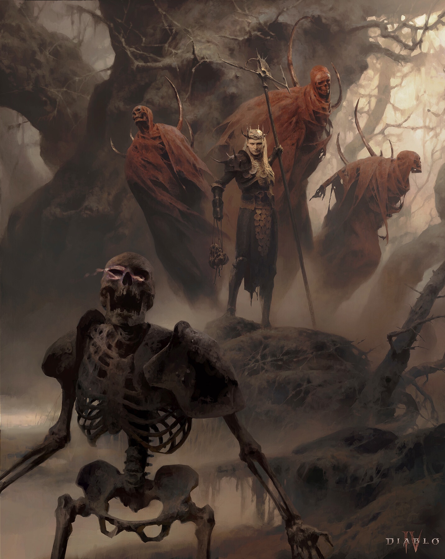 Diablo IV Necromancers and Skeletons in a Dark Forest HD Phone Wallpaper